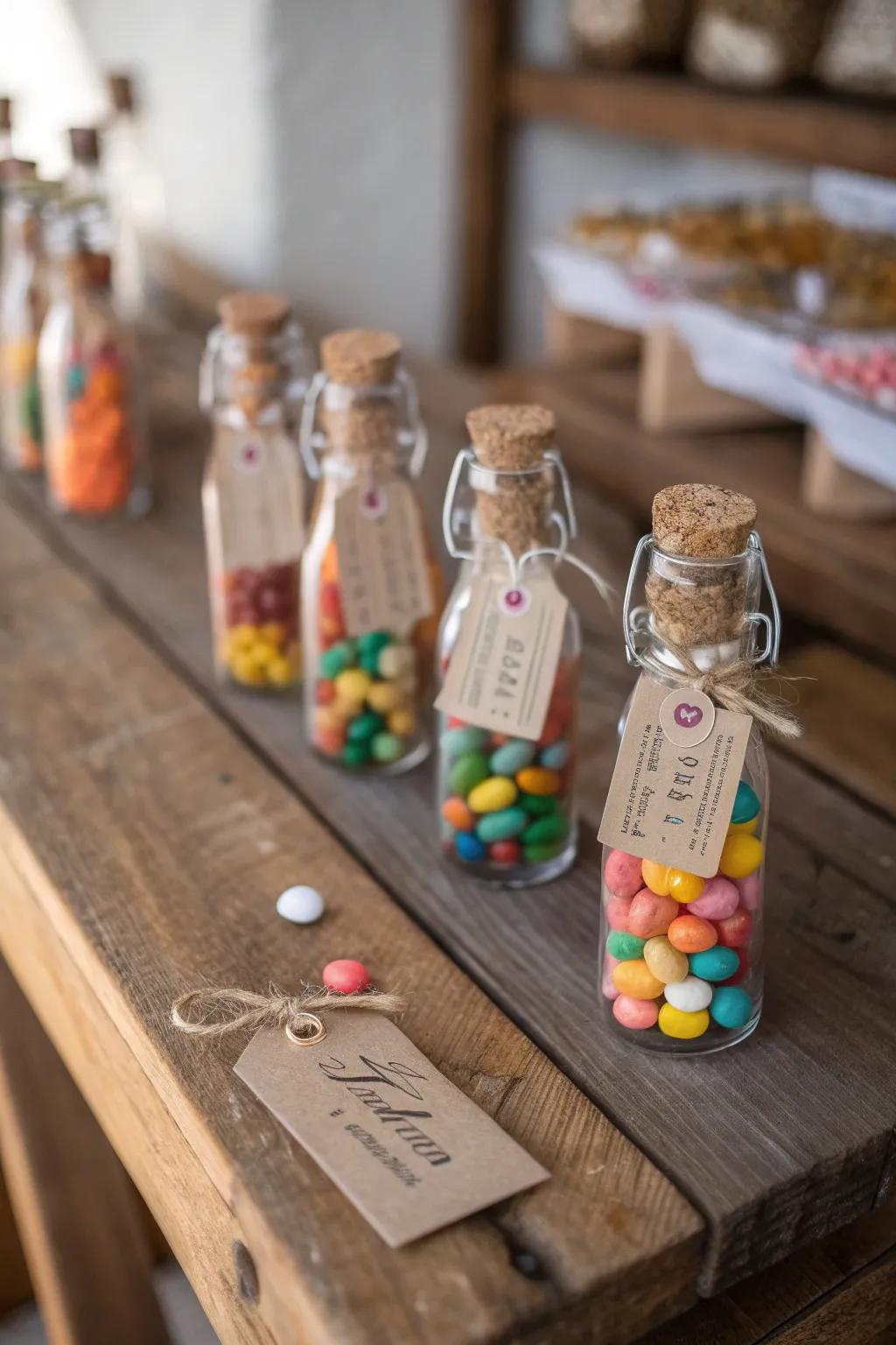 Elegant crystal flasks laden with vibrant confections, impeccable for a baptism party favor.