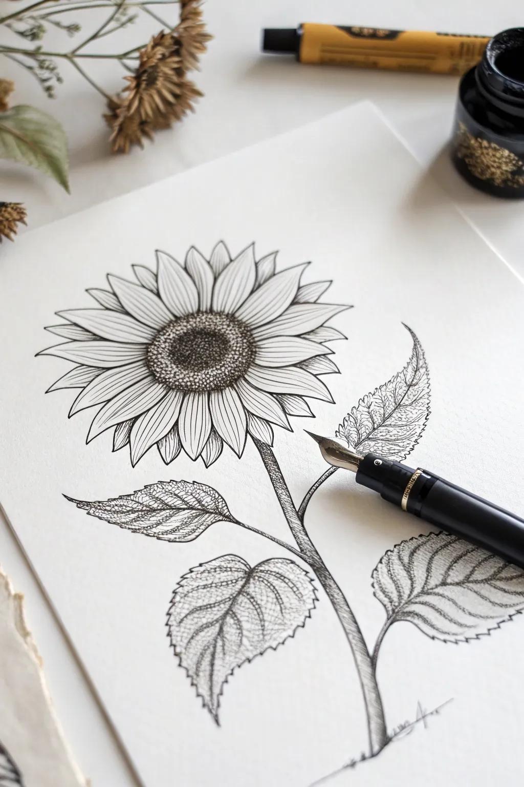 Bask in the enchantment of summertime with this captivating ink sketch of a sunflower.