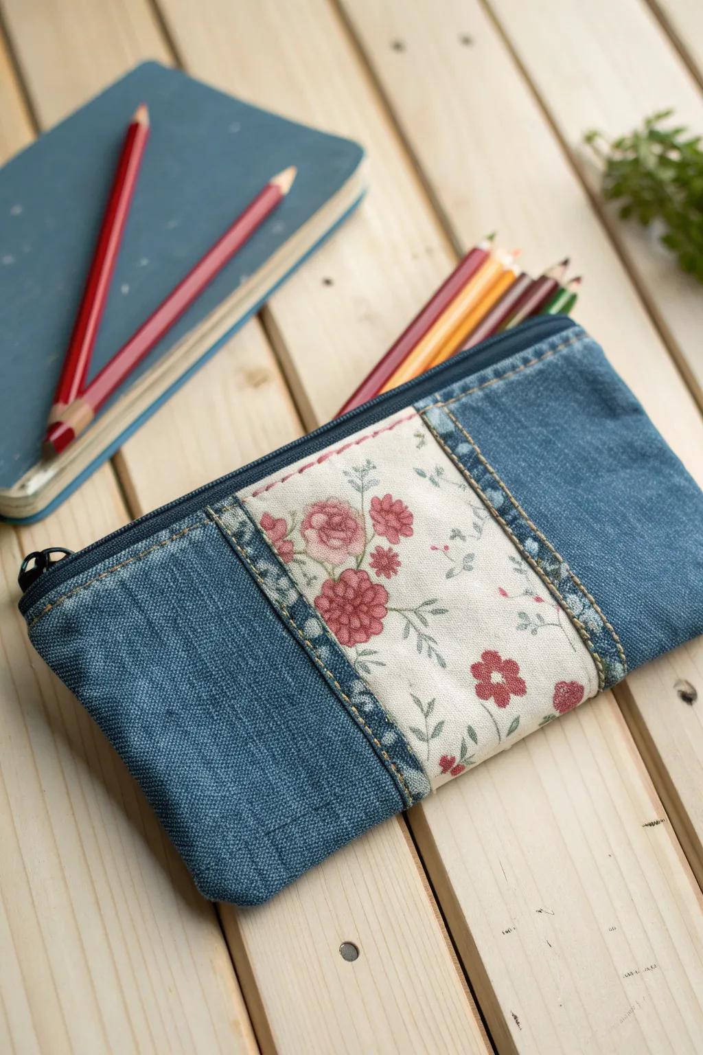 Unleash your artistic flair: A distinctive pencil holder harmonizing the robustness of denim with the grace of floral patterns.