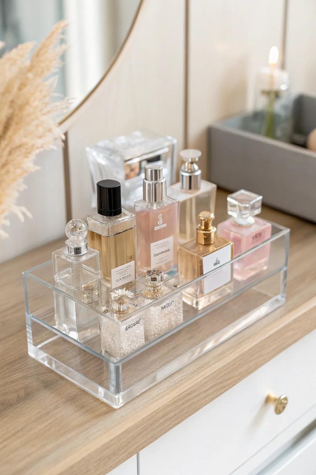 Enhance your vanity with a chic crystal stand, where each perfume bottle narrates its own exquisite story.