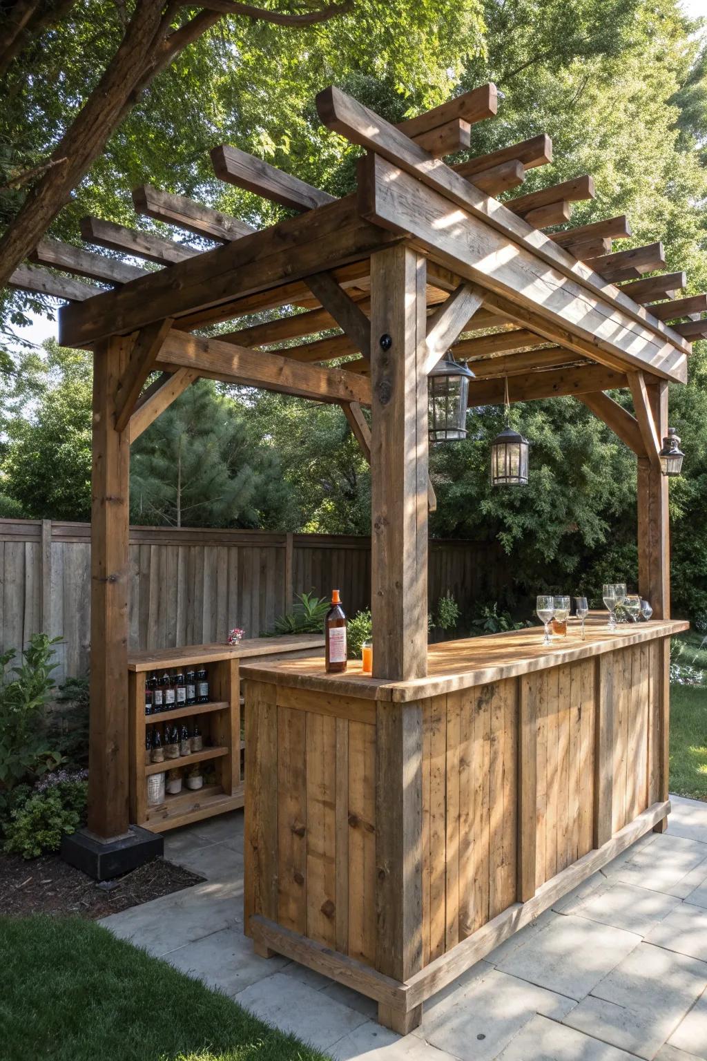 Relax in elegance with a timeless wooden pergola bar, where artistry converges with inviting allure.