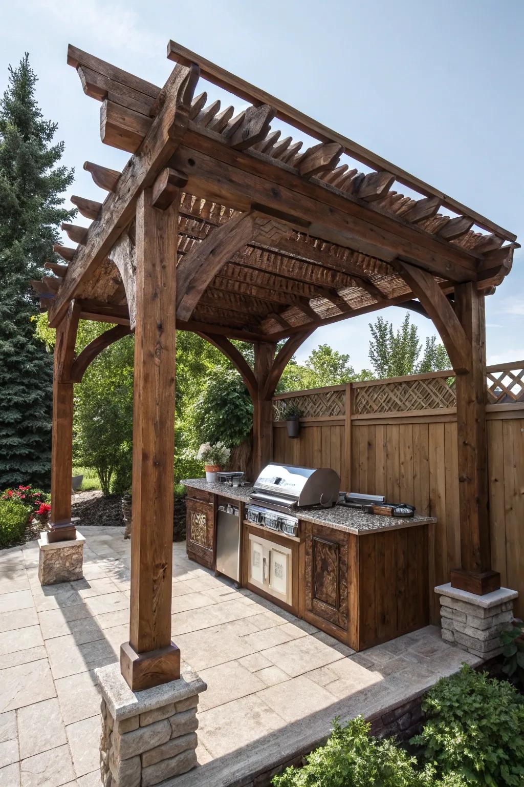 Enhance your outdoor space with a timeless wooden pergola crafted from reclaimed wood.