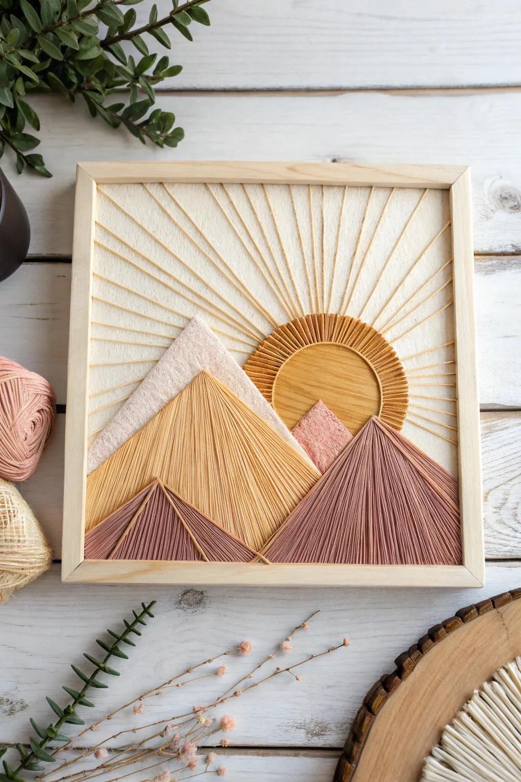 Begin your day with tranquility: a minimalist mountain sunrise string art piece that blends craftsmanship with natural beauty.
