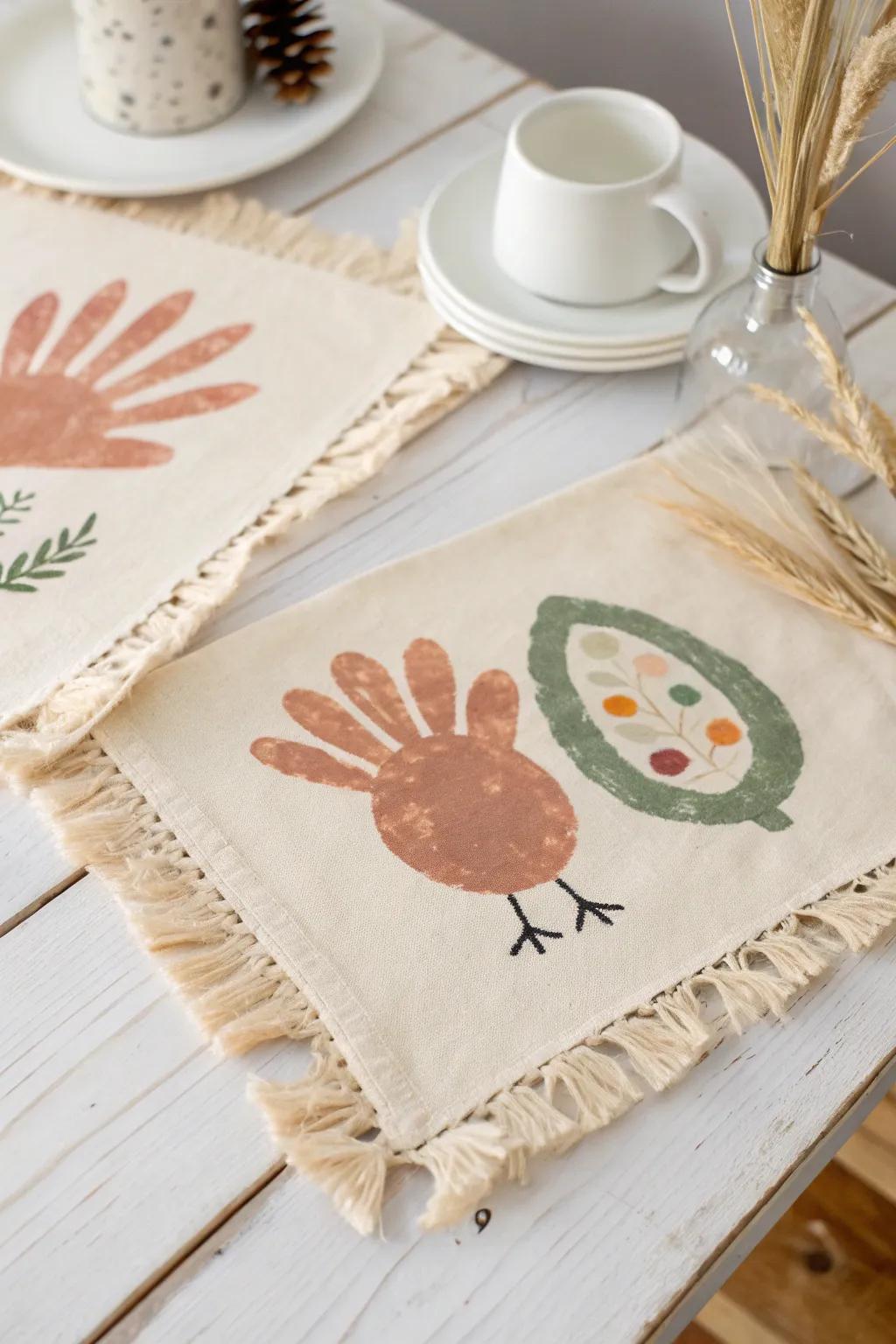 Treasure these moments with a handcrafted handprint turkey placemat, suited to a simple Thanksgiving atmosphere.