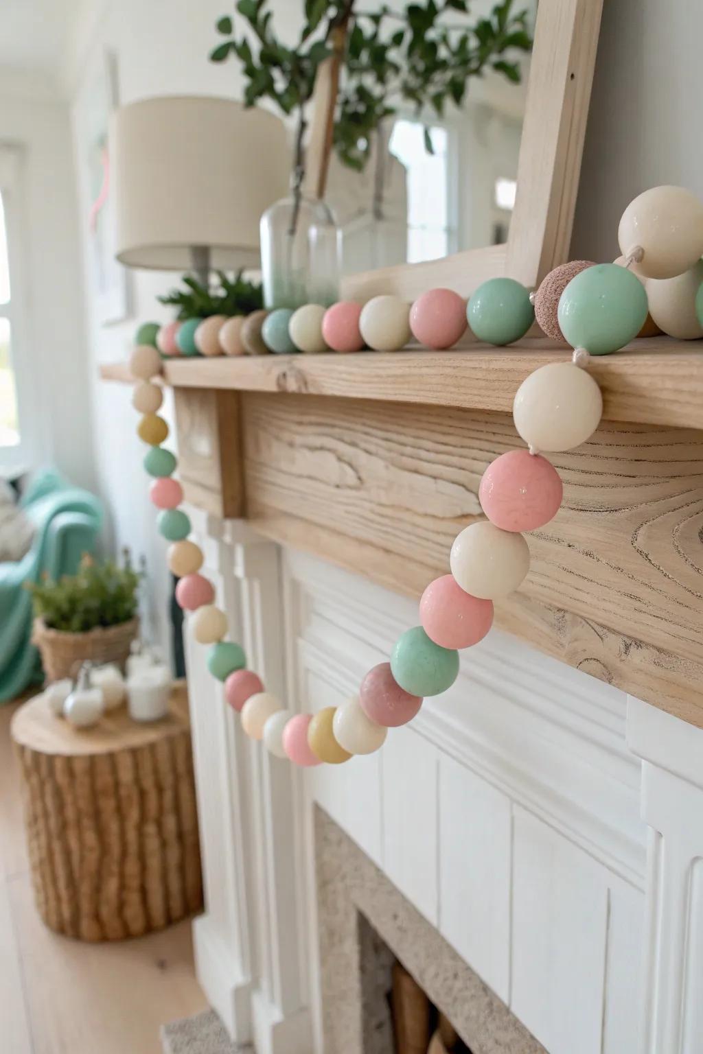 Embrace a playful elegance with a handmade garland featuring spheres in pastel hues, infusing a vibrant essence into minimalist interiors.