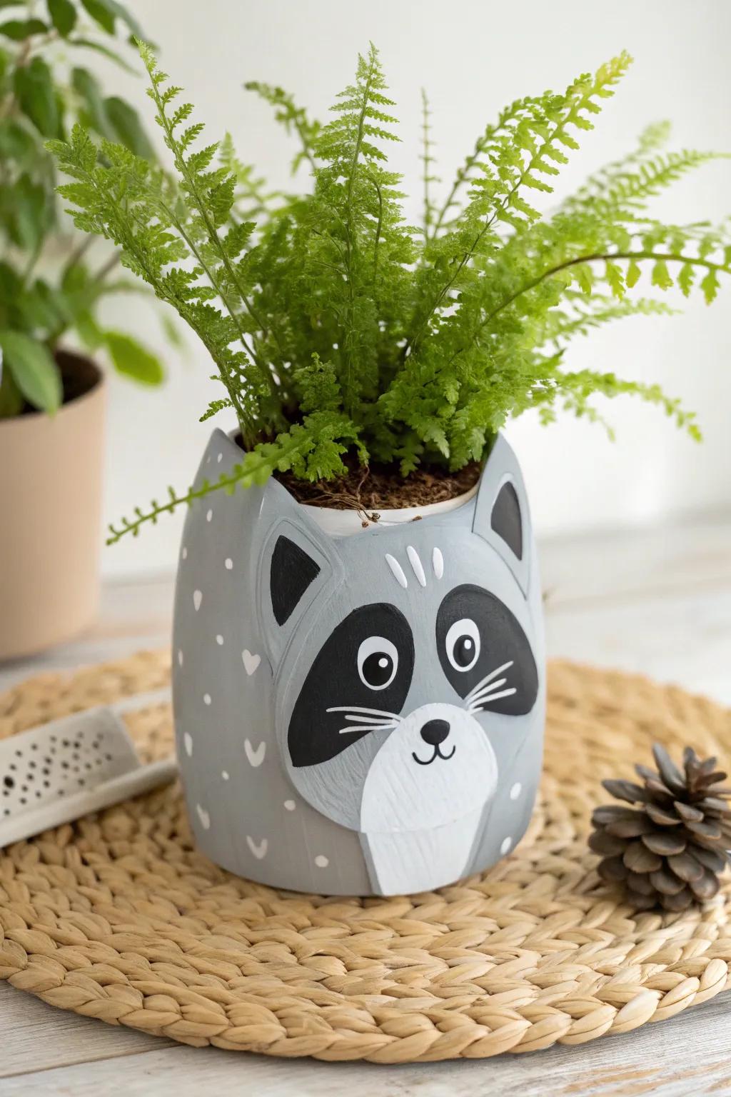 From Discarded Plastic to Playful Art: This raccoon-themed pot brings a cheerful touch to your botanical display while championing sustainable ingenuity.