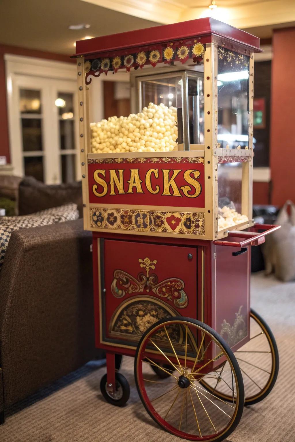 Infuse the magic of classic cinema into your abode with this vintage-style popcorn trolley.