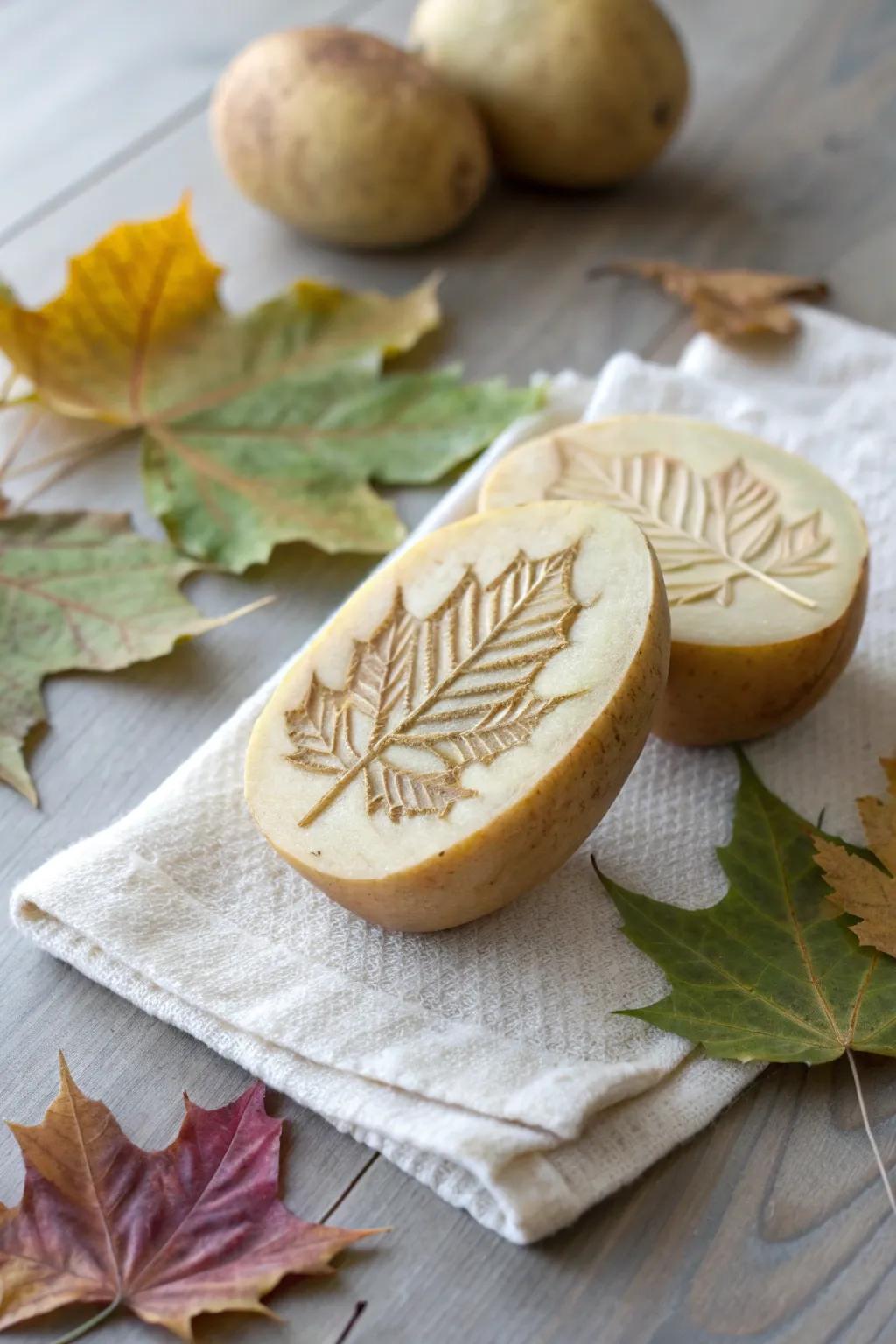 Capture the essence of the autumn season with a straightforward potato print, transforming the beauty of the natural world into an artistic creation.