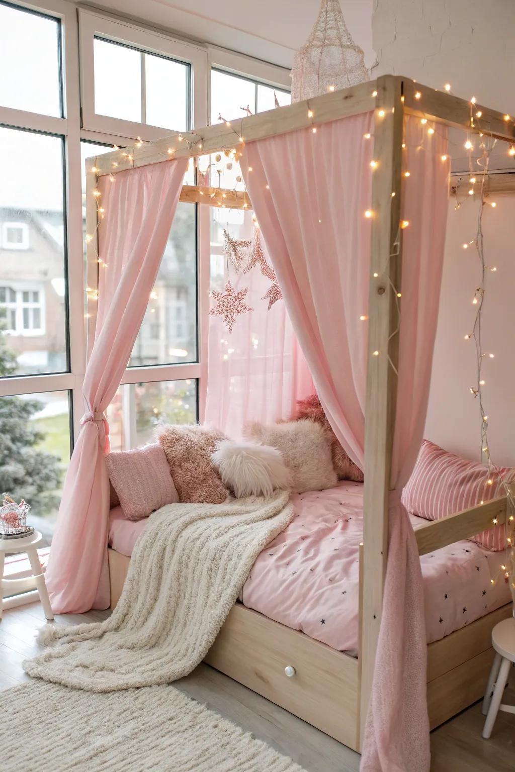 A quintessential canopy bed lavished with rose-tinted draping and sparkling luminous strands.