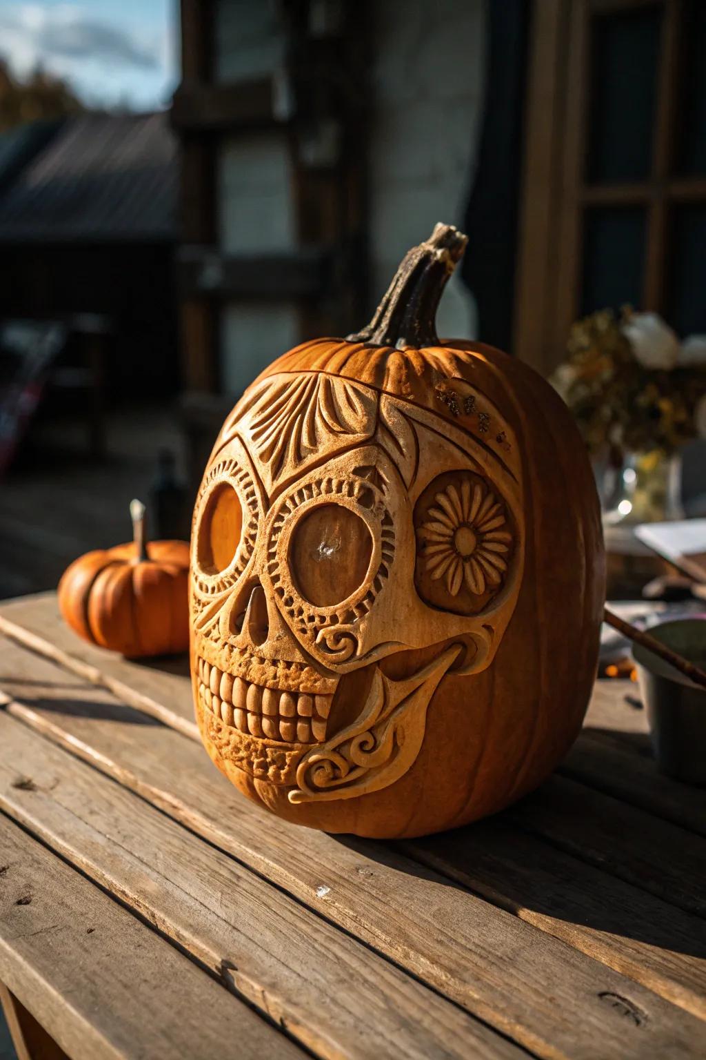 Embrace tradition with this timeless skull carving, a perfect blend of spooky elegance and skilled craftsmanship.