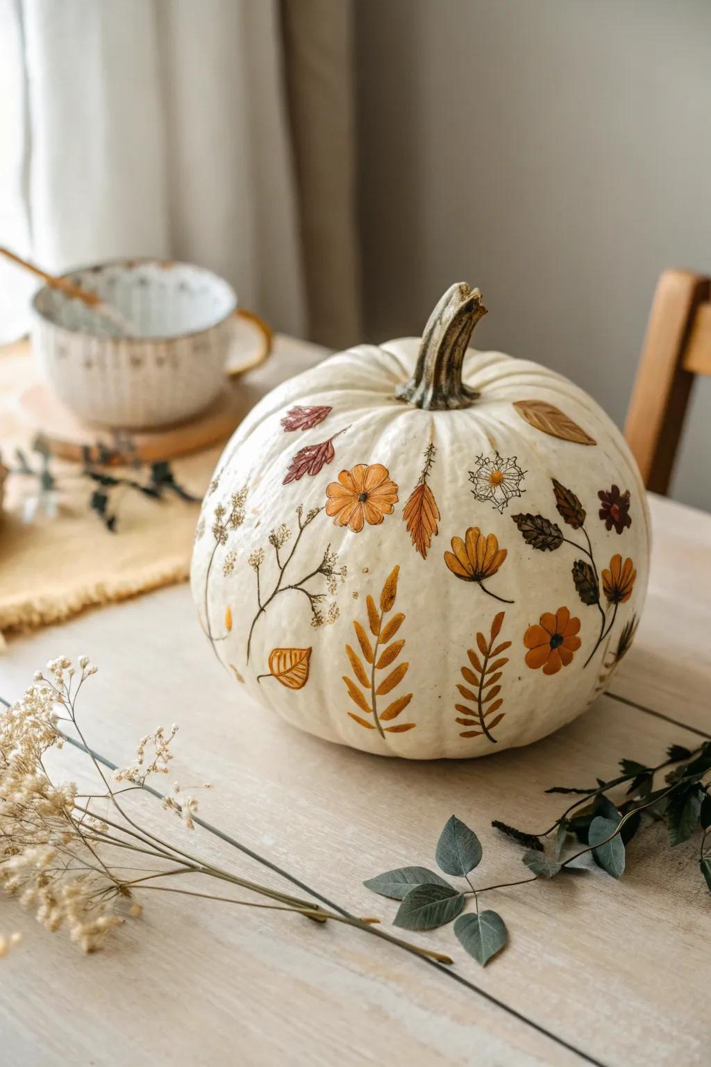 Transform your pumpkin into a celebration of nature, blending dried leaves and flowers in a display of Scandinavian-Boho elegance.