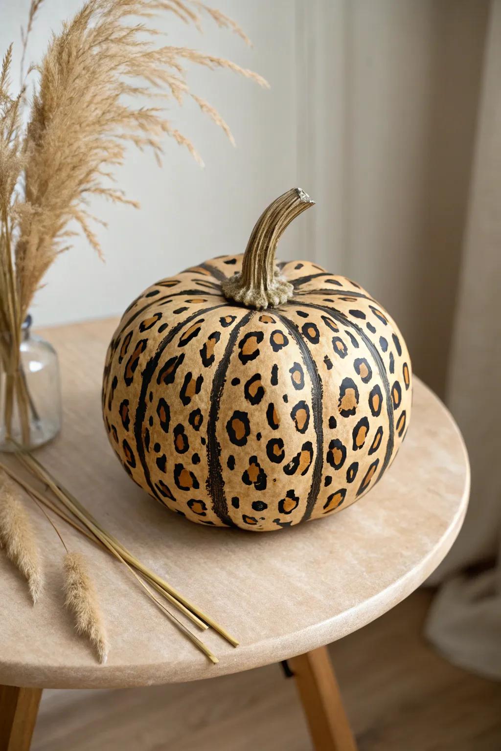 Reveal your untamed spirit through an elegant feline-patterned pumpkin, an ideal autumnal centerpiece for upscale dinner events.