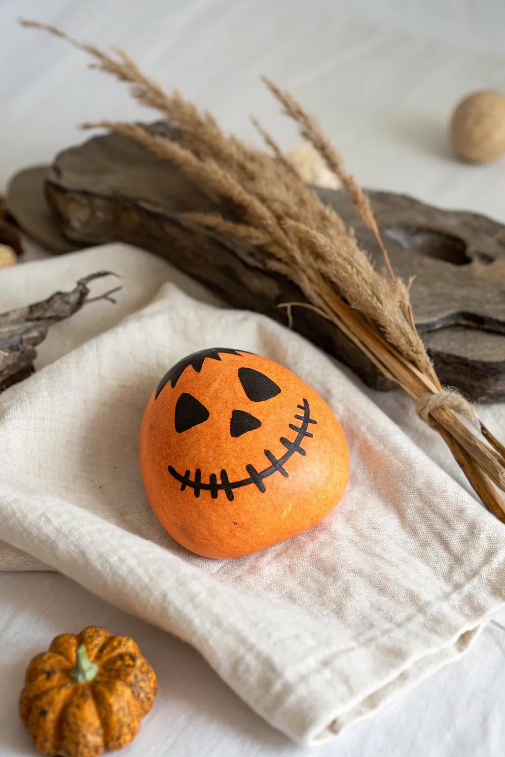 Infuse a dash of whimsy into your decor with this captivating Jack-o'-Lantern rock art. Tailored for those who cherish minimalist refinement with a jovial twist.