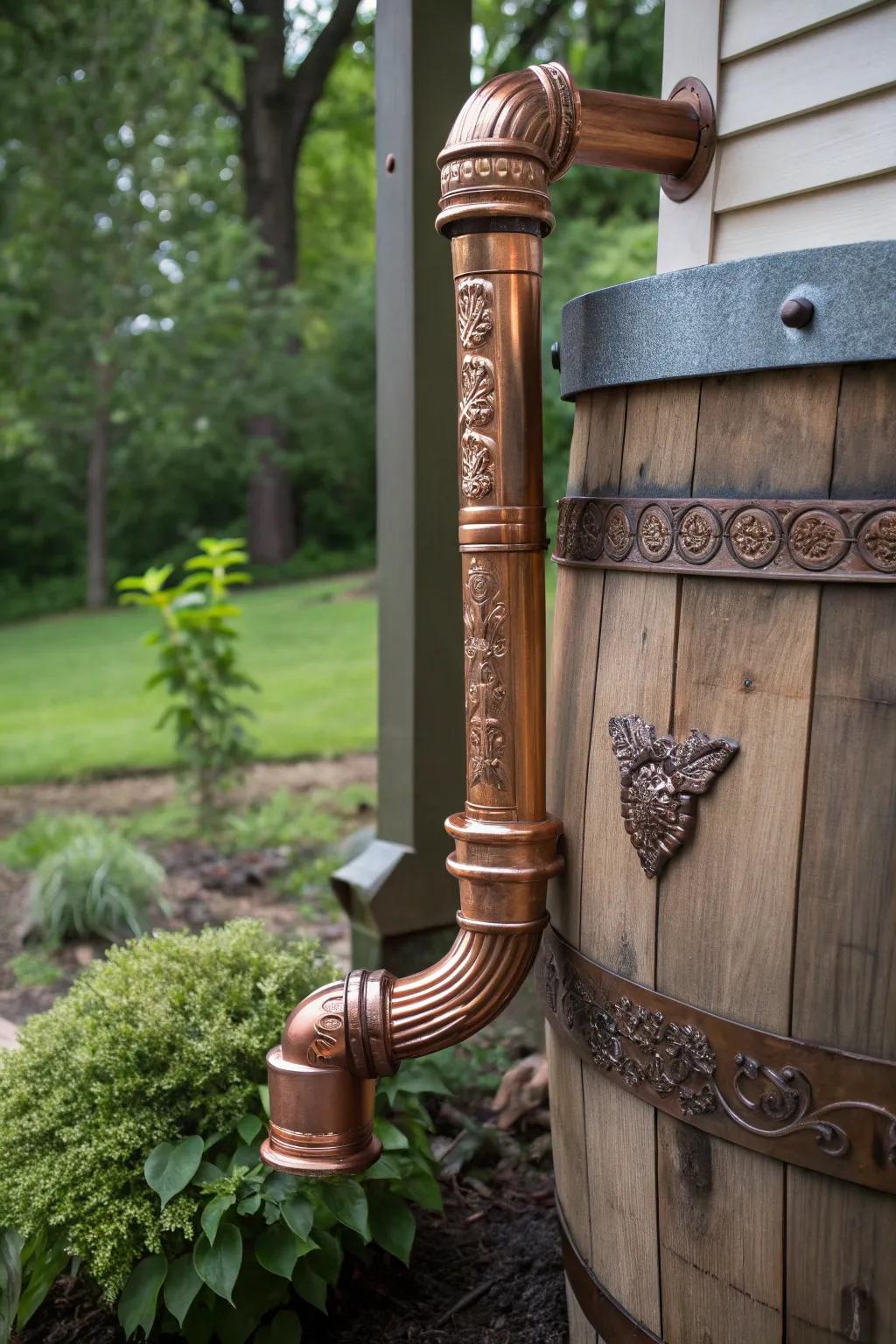 Enhance your rainwater gathering arrangement with an exquisitely designed downspout flow regulator—where aesthetic charm converges with practical functionality.