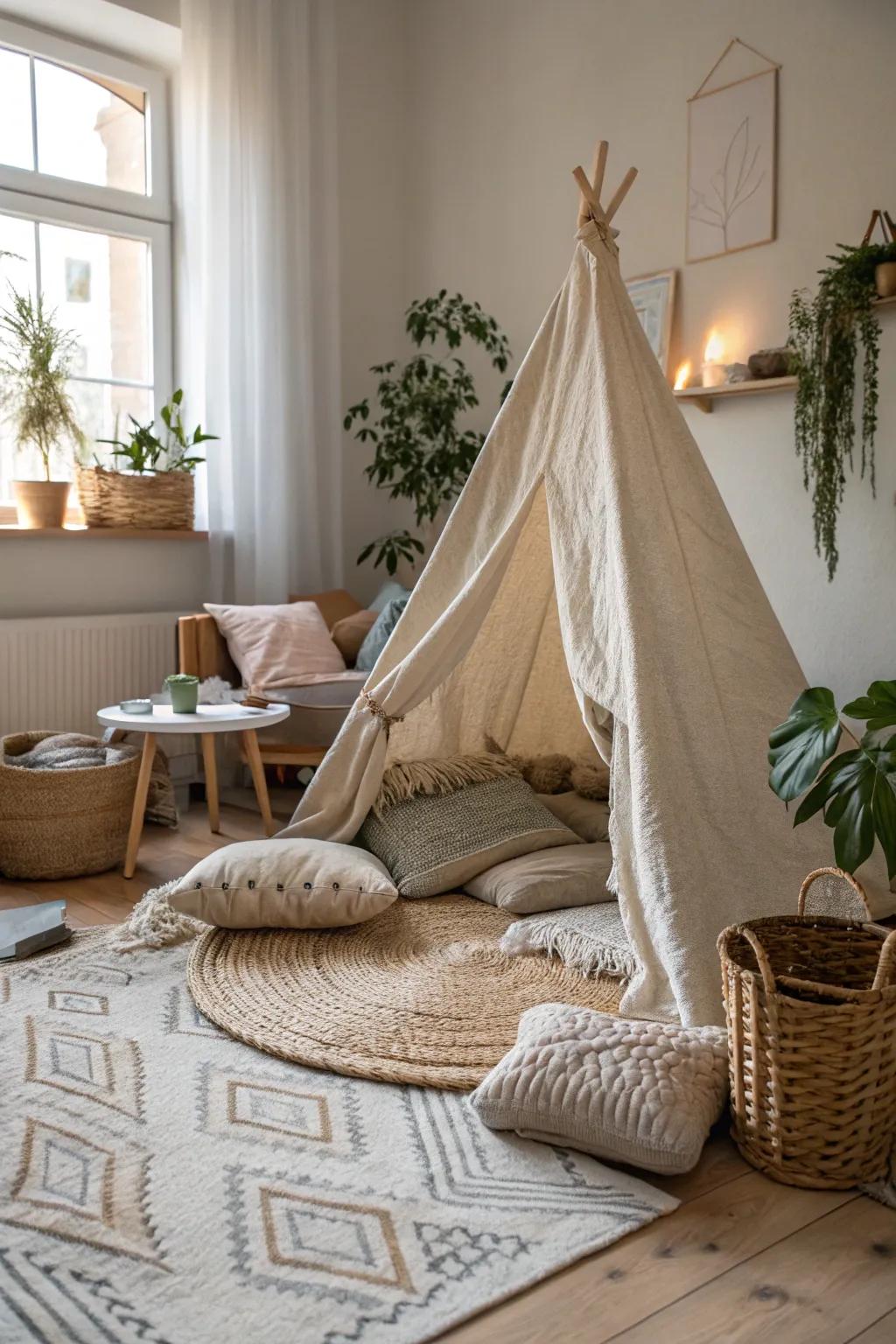 Savor the snug allure of a pared-down linen shelter during a rainy respite.