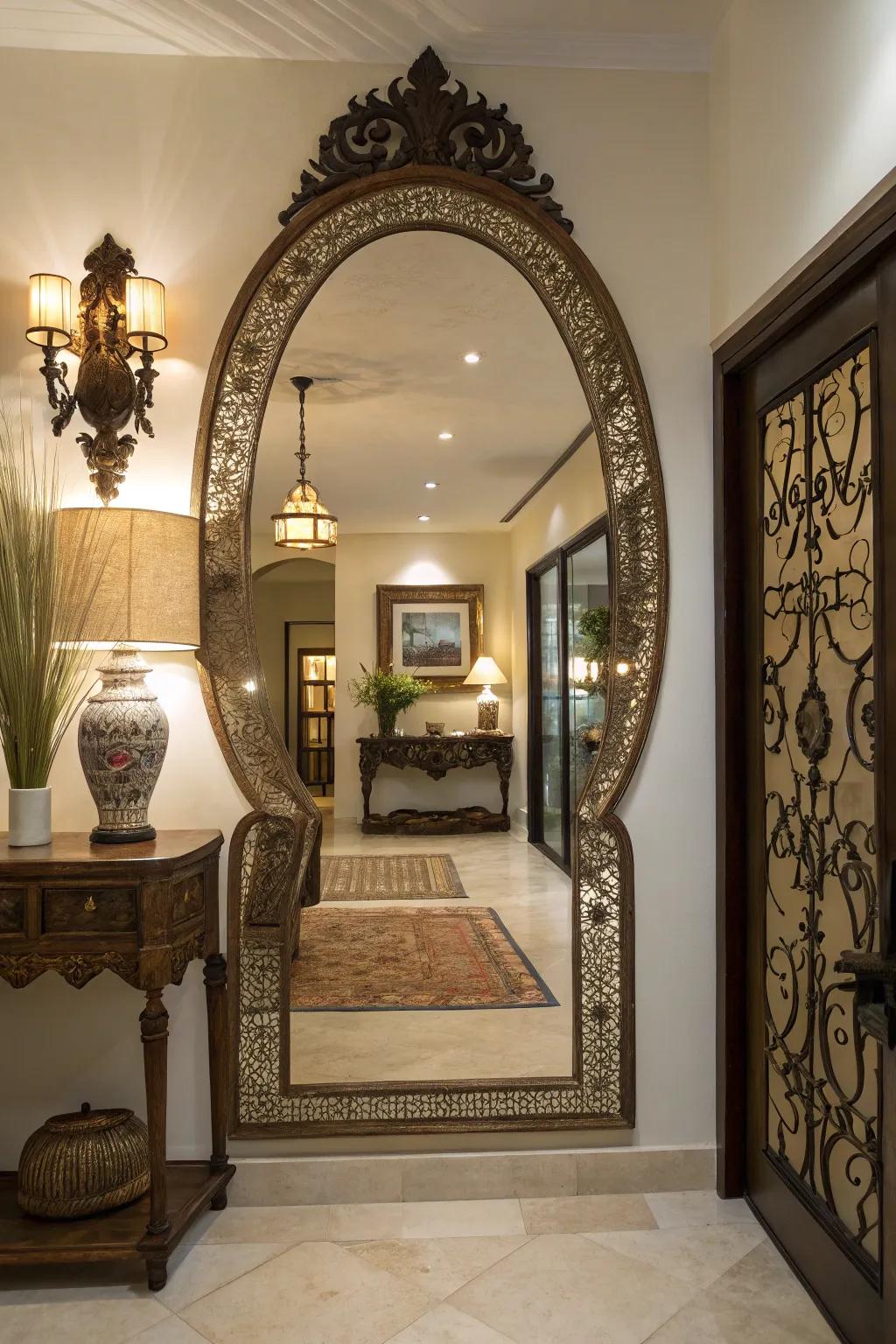 An unusually shaped looking glass in the entryway enhances depth and luminosity within the area.