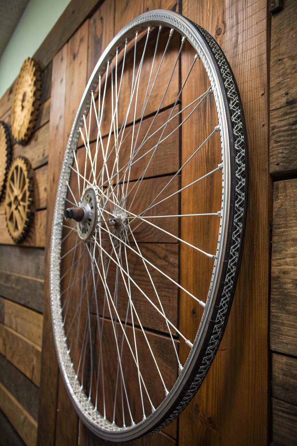 Redefine a humble bicycle wheel into an exquisite wall hanging utilizing imaginative string patterns.