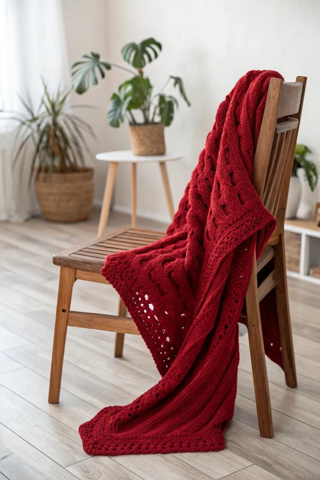 Envelop yourself in comfort and panache with this hand-fashioned scarlet crochet pullover.