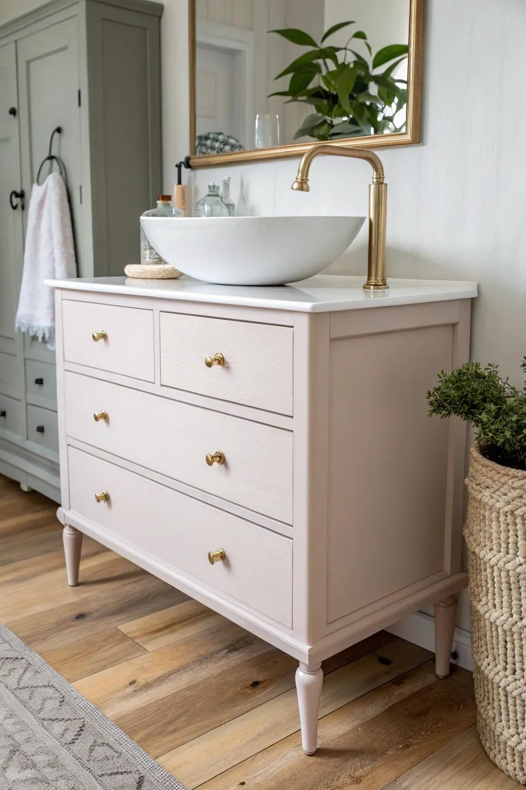 Elevate your space with a hint of Scandinavian sophistication: A dresser transformed into a vanity that seamlessly blends simplicity with organic beauty.