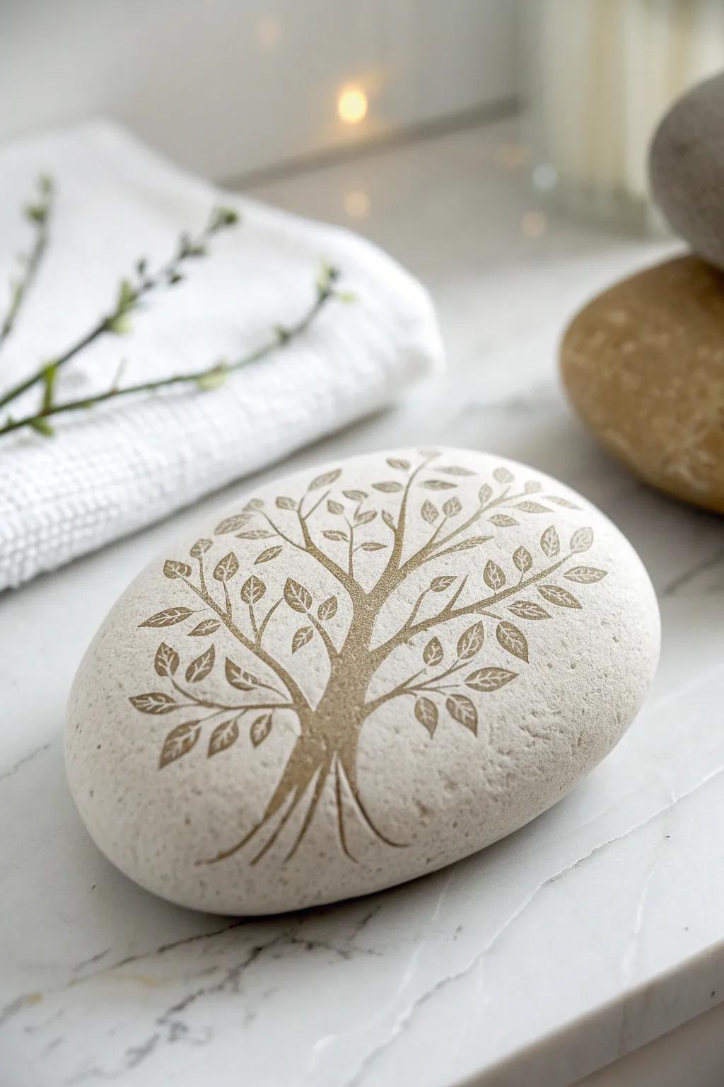 Welcome nature inside through sophisticated stone etchings capturing the peacefulness of the outdoors.