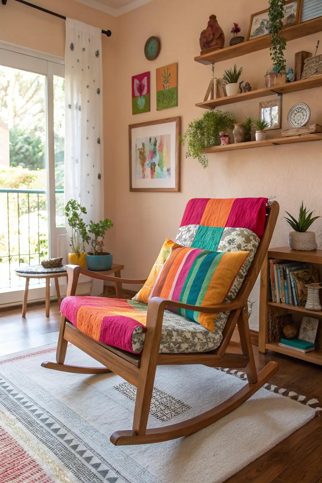 A rocking chair brought to life with striking colors in a radiant setting.