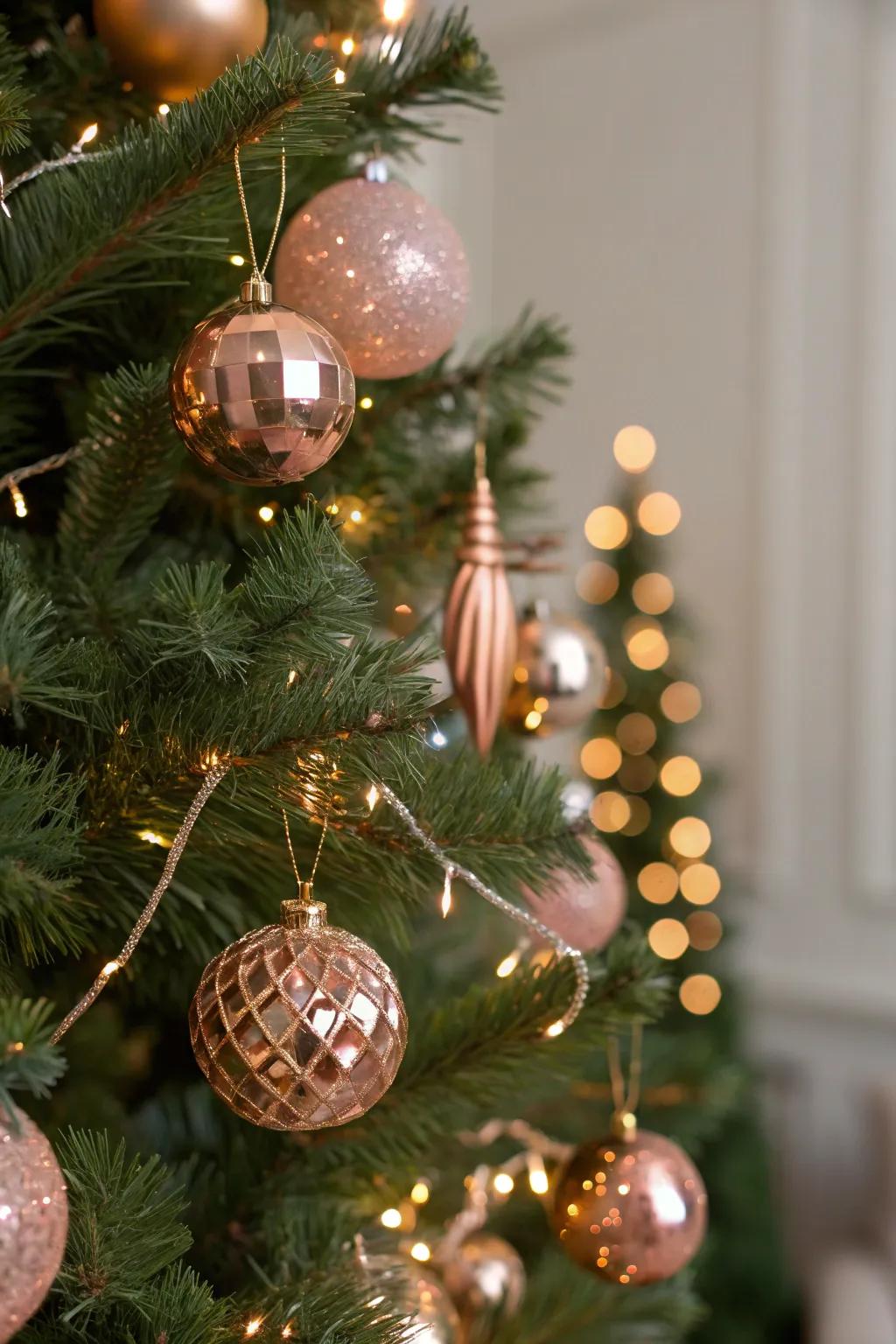 Refined rose gold ornaments introducing a lavish accent to a Christmas tree.