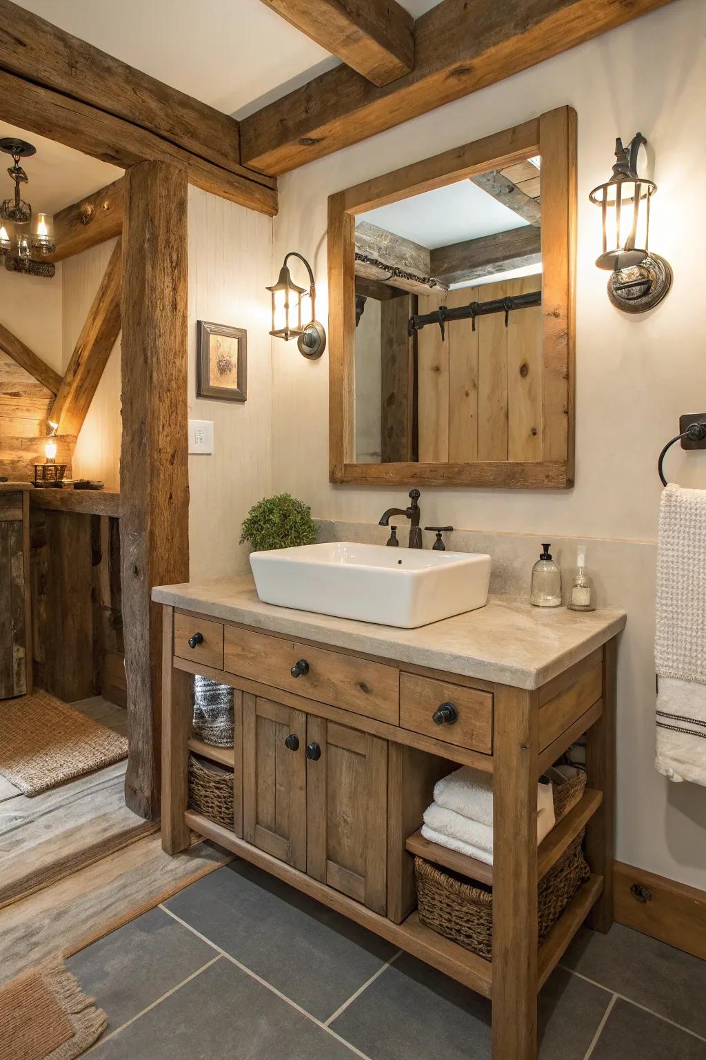 A bathroom showcasing a salvaged timber console complemented by a white ceramic sink and country-style decor.