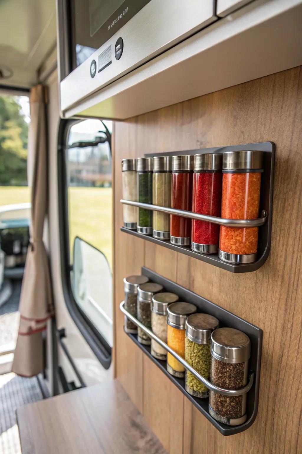 Optimize your RV kitchen with a touch of elegance and efficiency using our adhesive spice center solution.