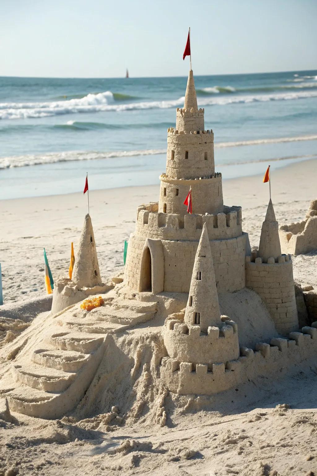 Realize your cherished tale with a timeless tiered sandcastle, where unpretentious design harmonizes with superior craftsmanship on the sun-kissed shores.