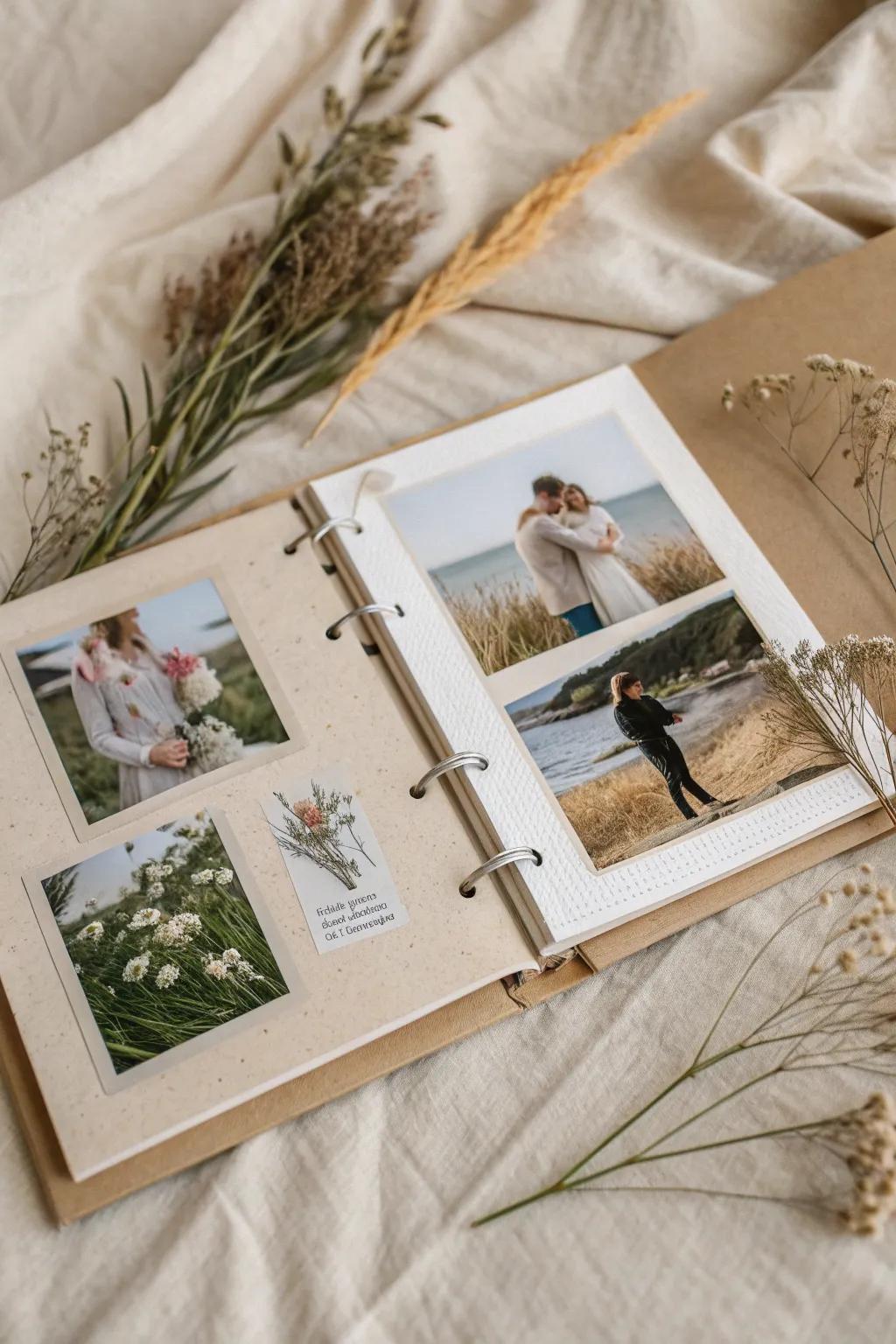 Immortalize moments with understated refinement: Craft a captivating photo collage for your scrapbook’s inaugural page.