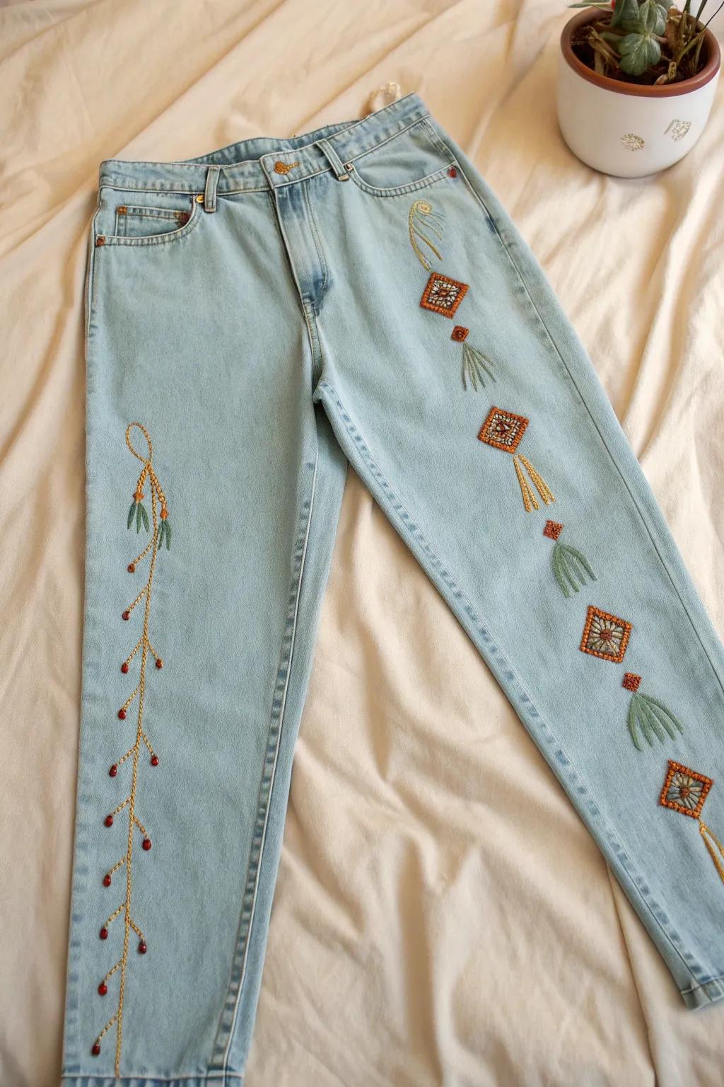 Celebrate your achievements in style - adorn your jeans with charming hand-painted caps and tassels for an added touch of playfulness.