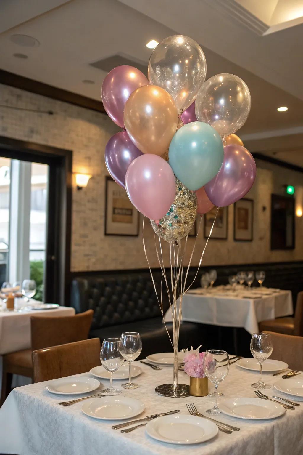 Vibrant balloon arrangements enhancing a restaurant table with a celebratory touch.
