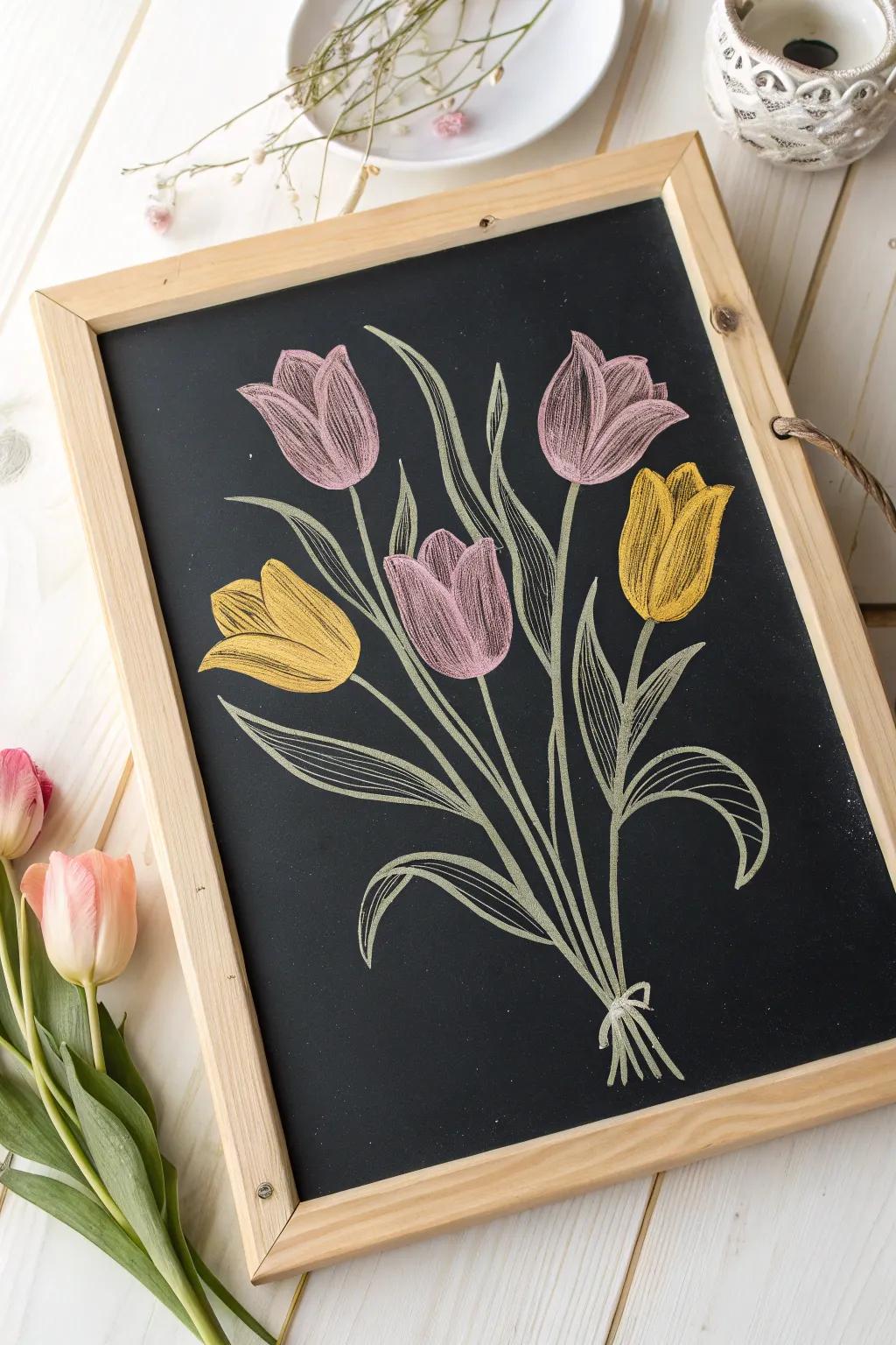 Welcome the allure of springtime with blossoming tulips adorning your kitchen chalkboard!