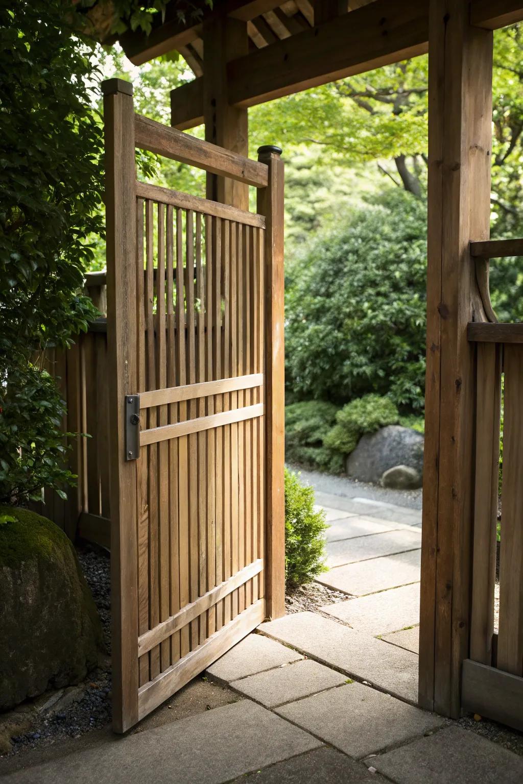 Embrace countryside charm using a traditional wooden slat gate, where skillfulness complements classic style.