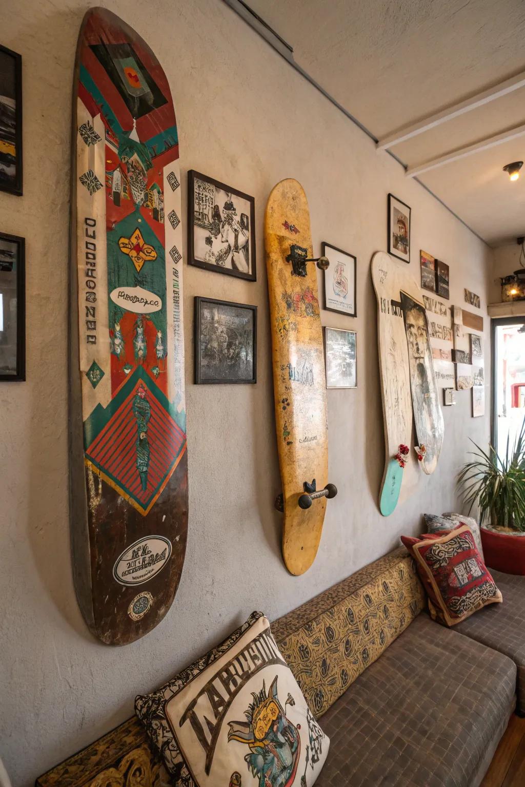 Classic skateboards creatively arranged on the wall of a bedroom.