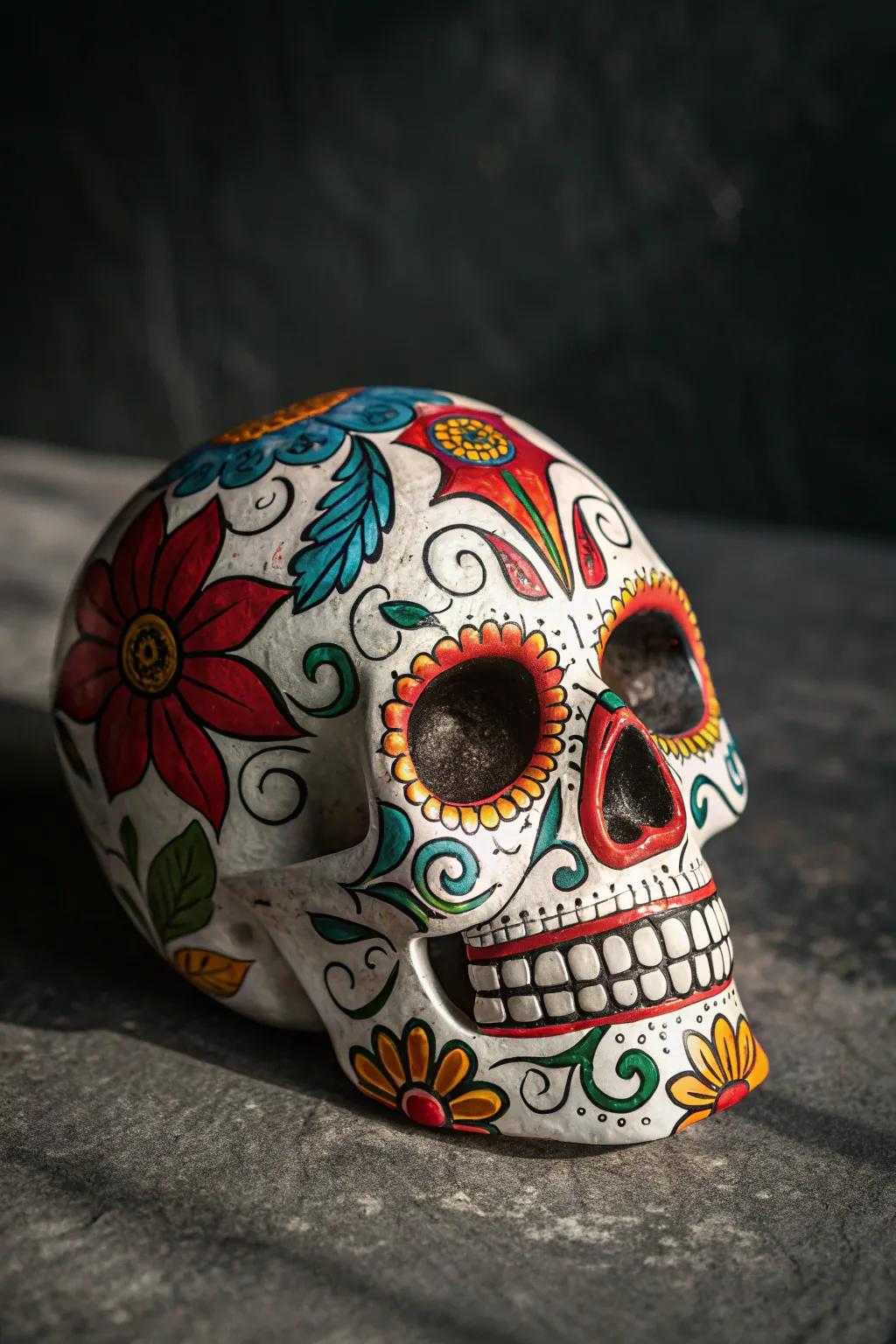 Celebrate the profound beauty of the Day of the Dead with this remarkable fiesta skull artwork.