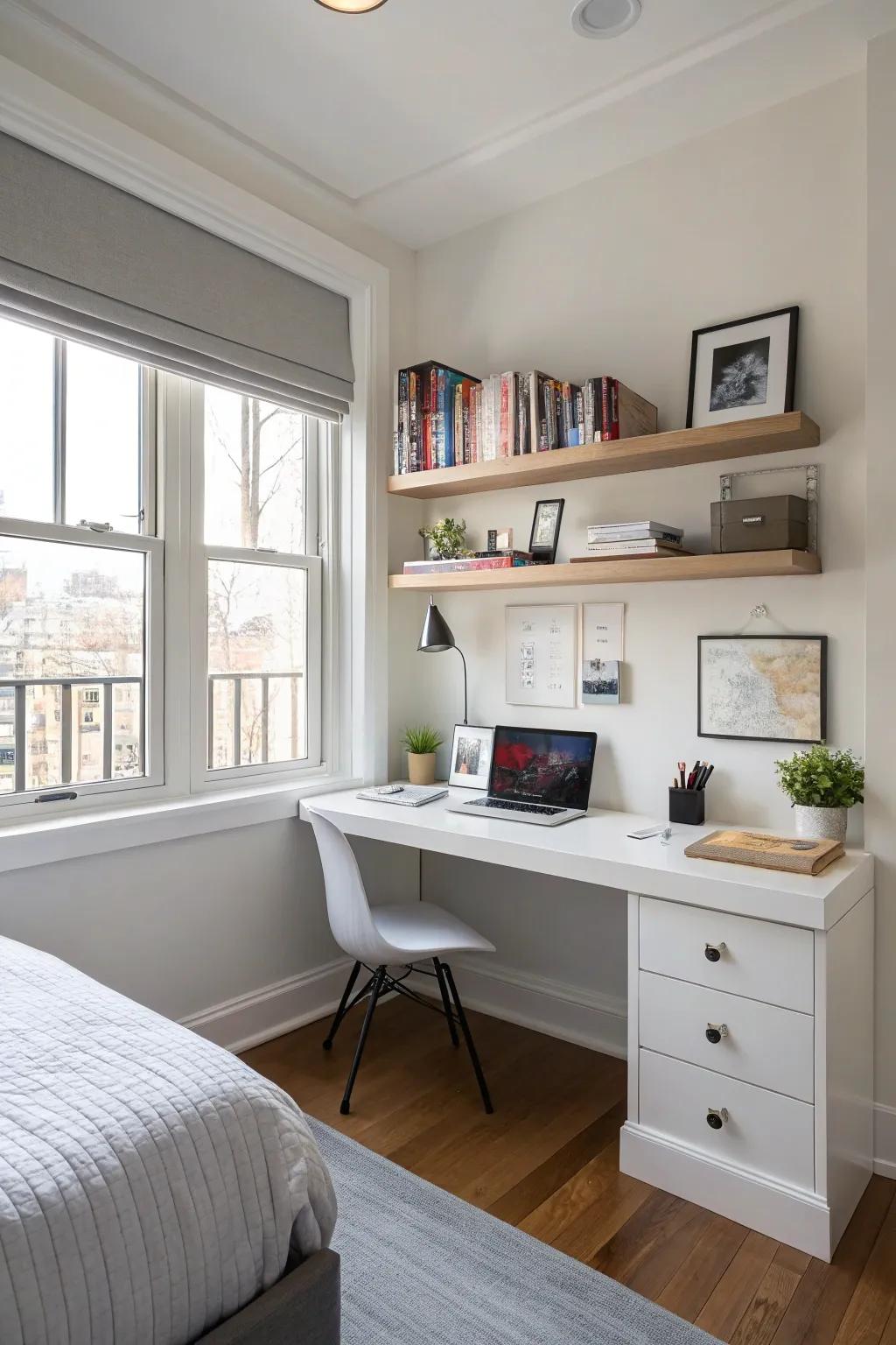 A wall-mounted desk presents a minimalist answer for diminutive bedroom arrangements.