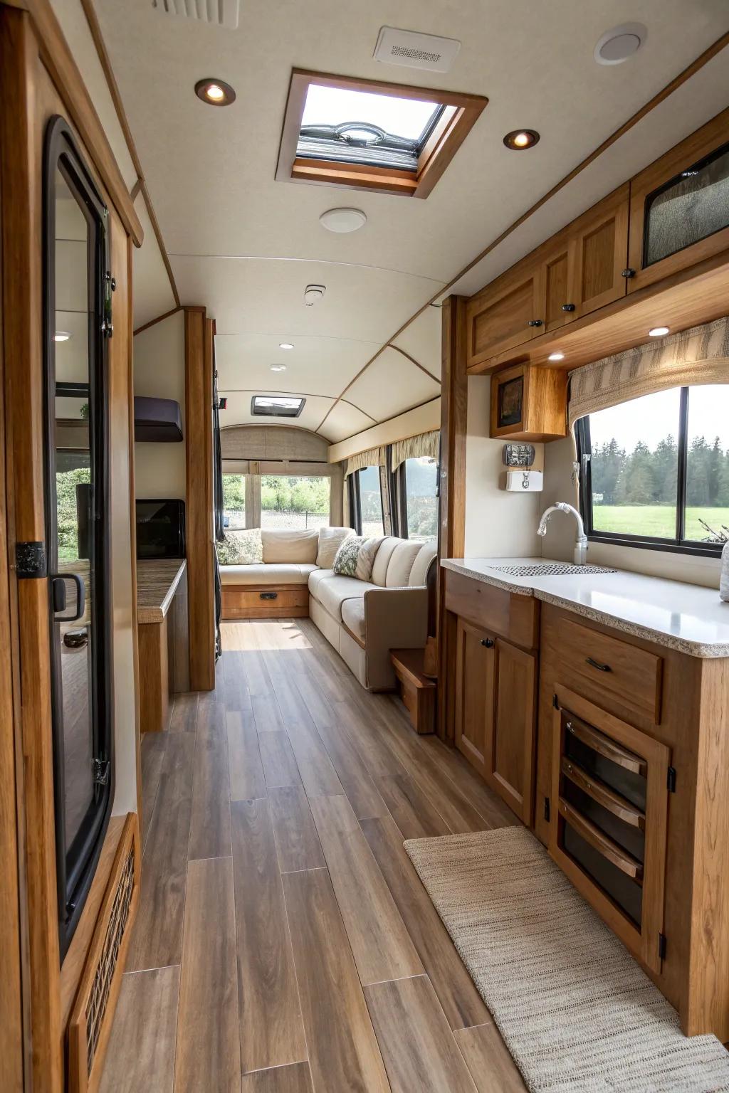Transform your fifth wheel with an open design for a roomy and inviting atmosphere. Explore the finesse of simplicity and artisanship.