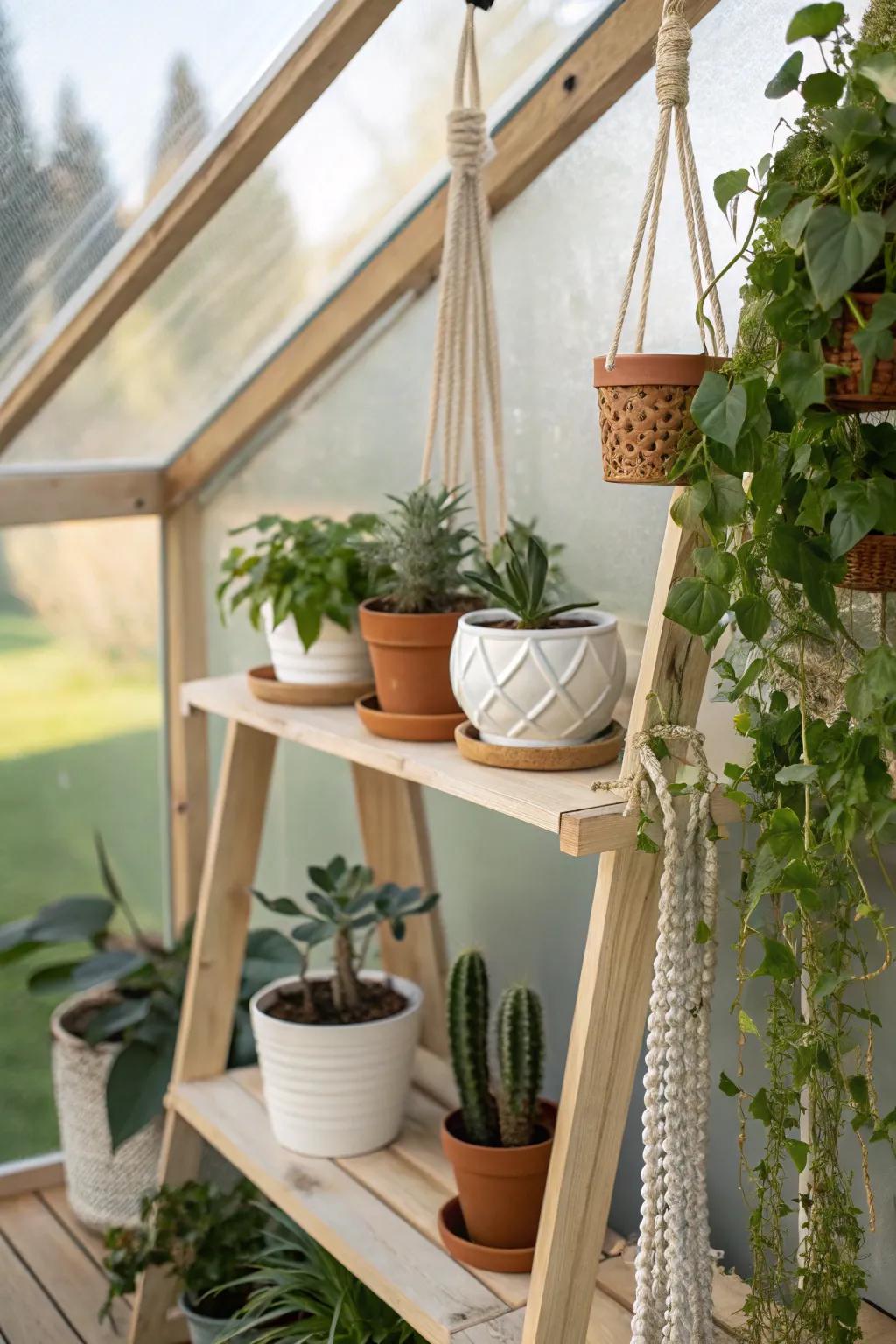 Convert your greenhouse to an elevated retreat with classy shelving and suspended flora. #GreenhouseGoals #ScandiBohoStyle