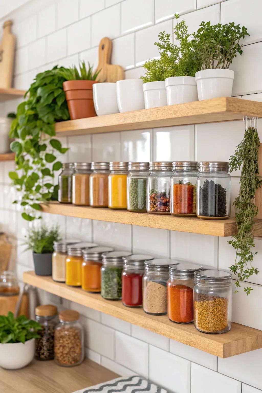 Redesign your compact cooking area with graceful open shelving—a merger of practicality and natural charm.