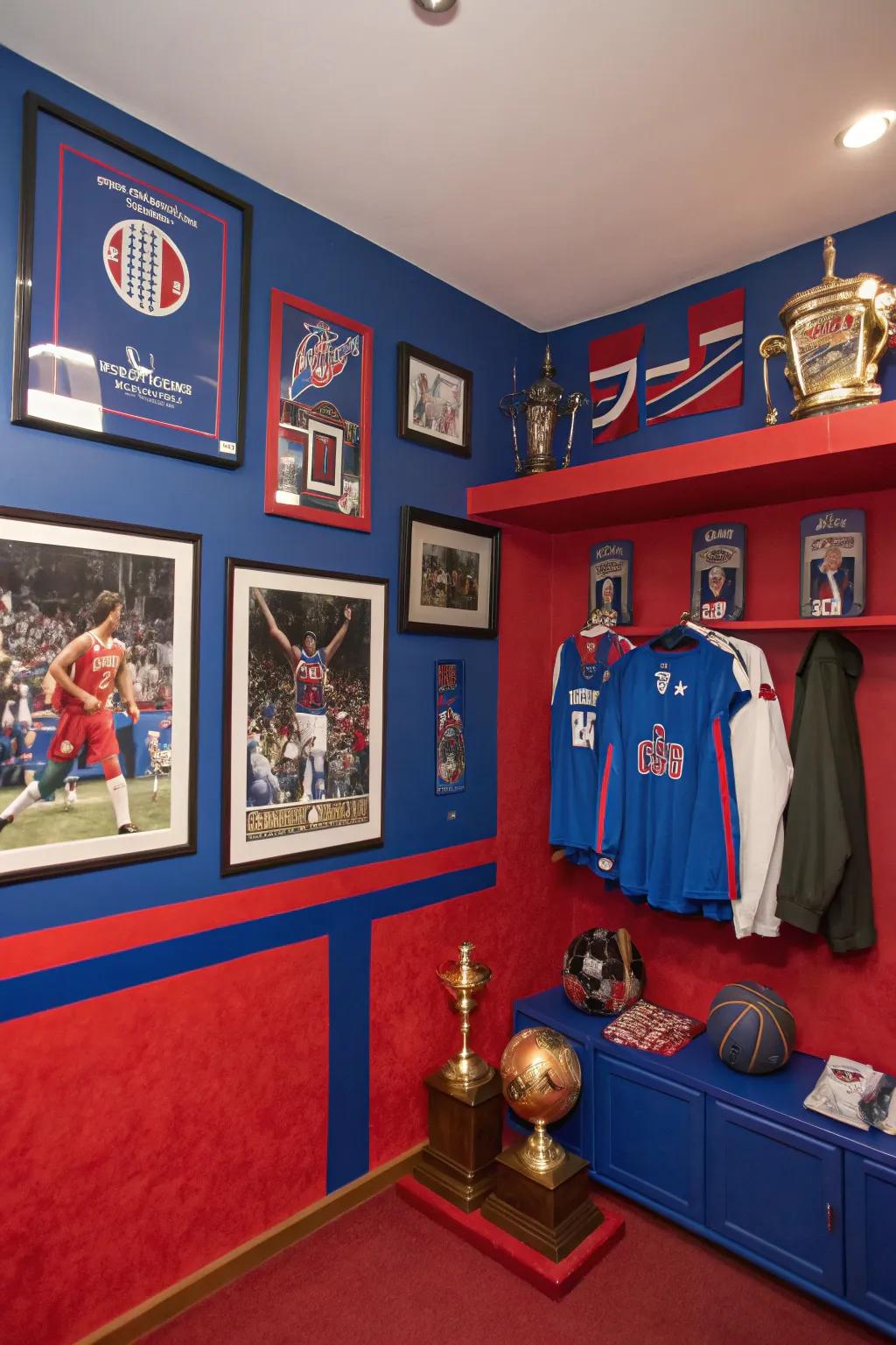 A room showcasing striking blue and red walls, ideal for a sports-oriented theme.