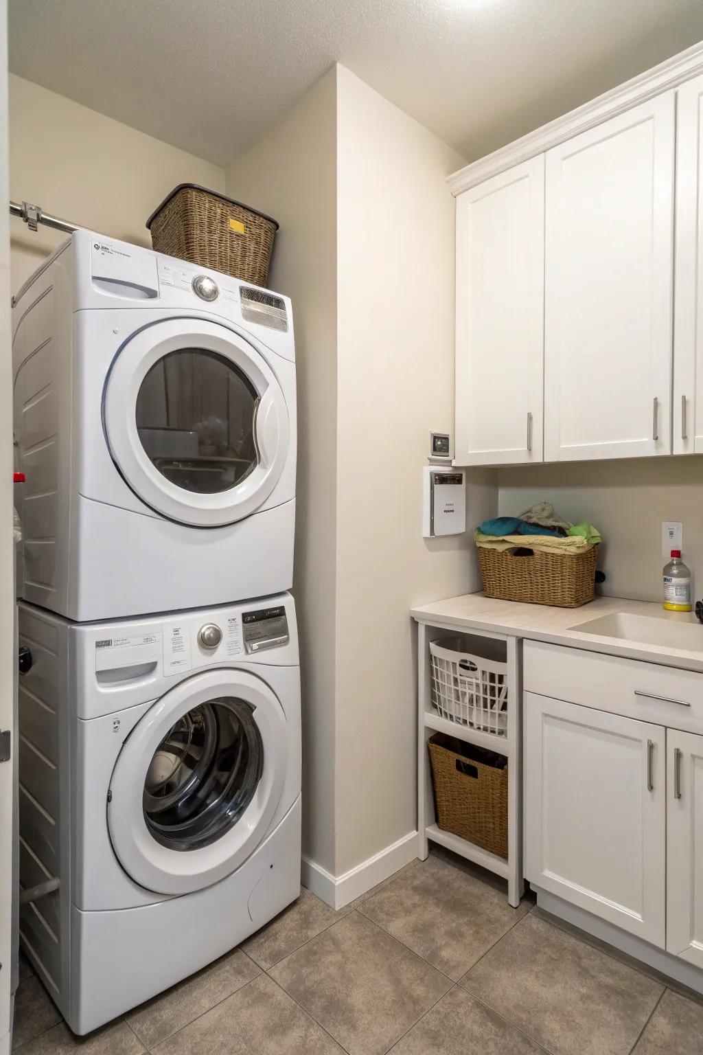 Stacked appliances offer a superb solution for maximizing space in square laundry rooms.