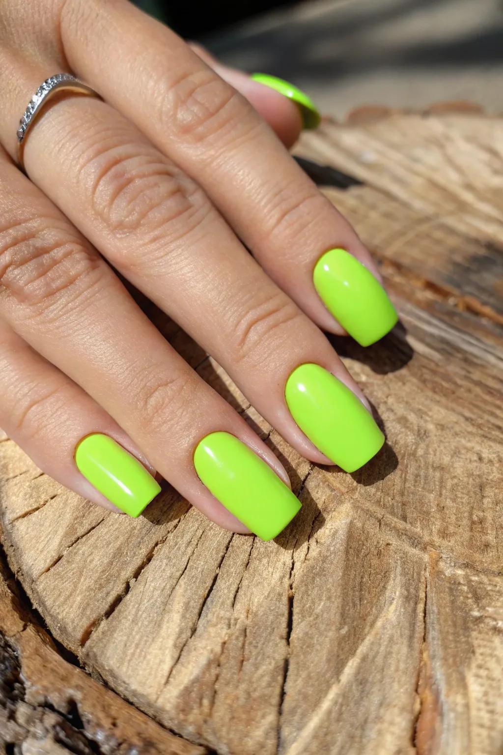 Neon green square nails: where audacity is interwoven with artistry.