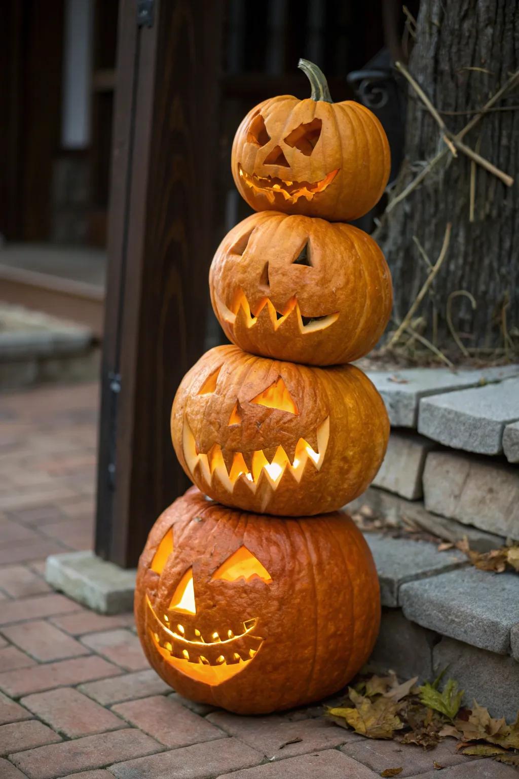 Enhance your Halloween ornamentation with a classic jack-o'-lantern tower—where age-old artistry meets festive charm.