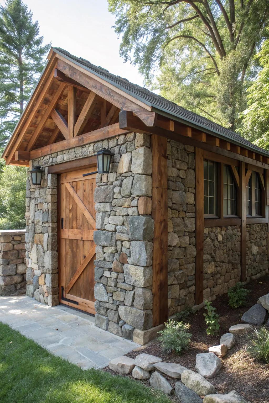 Embrace a touch of countryside elegance; a stone and wood integration transforms any garden into a tranquil haven.
