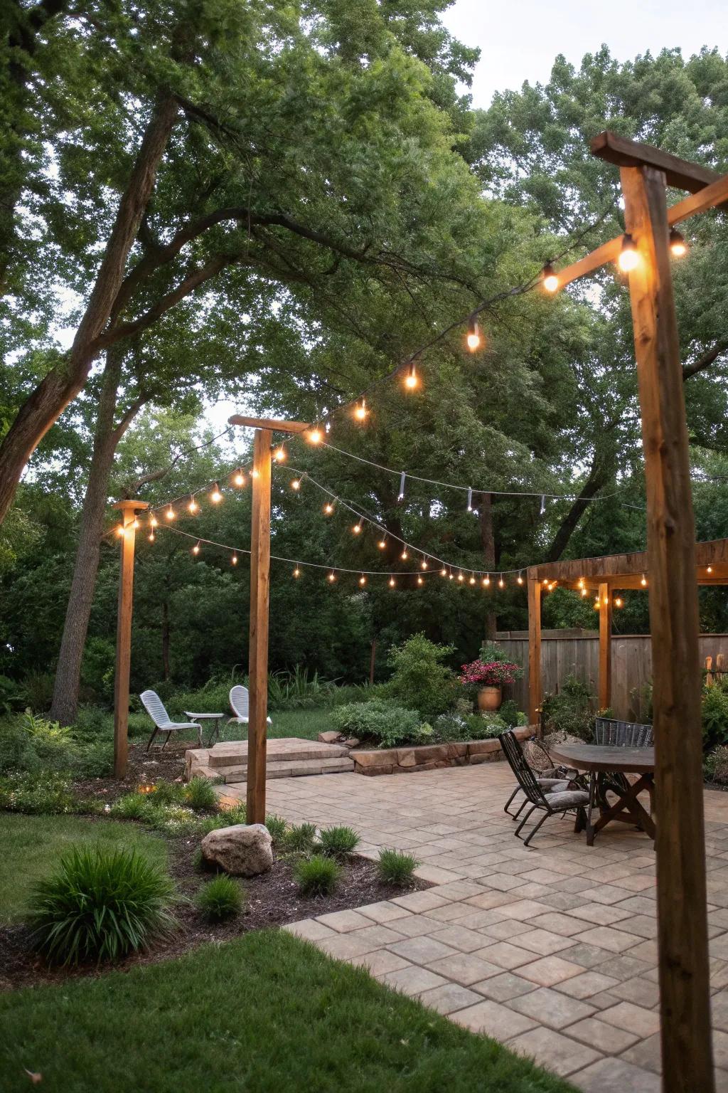 Redwood posts bring a rustic appeal while providing support for string lights in your backyard.