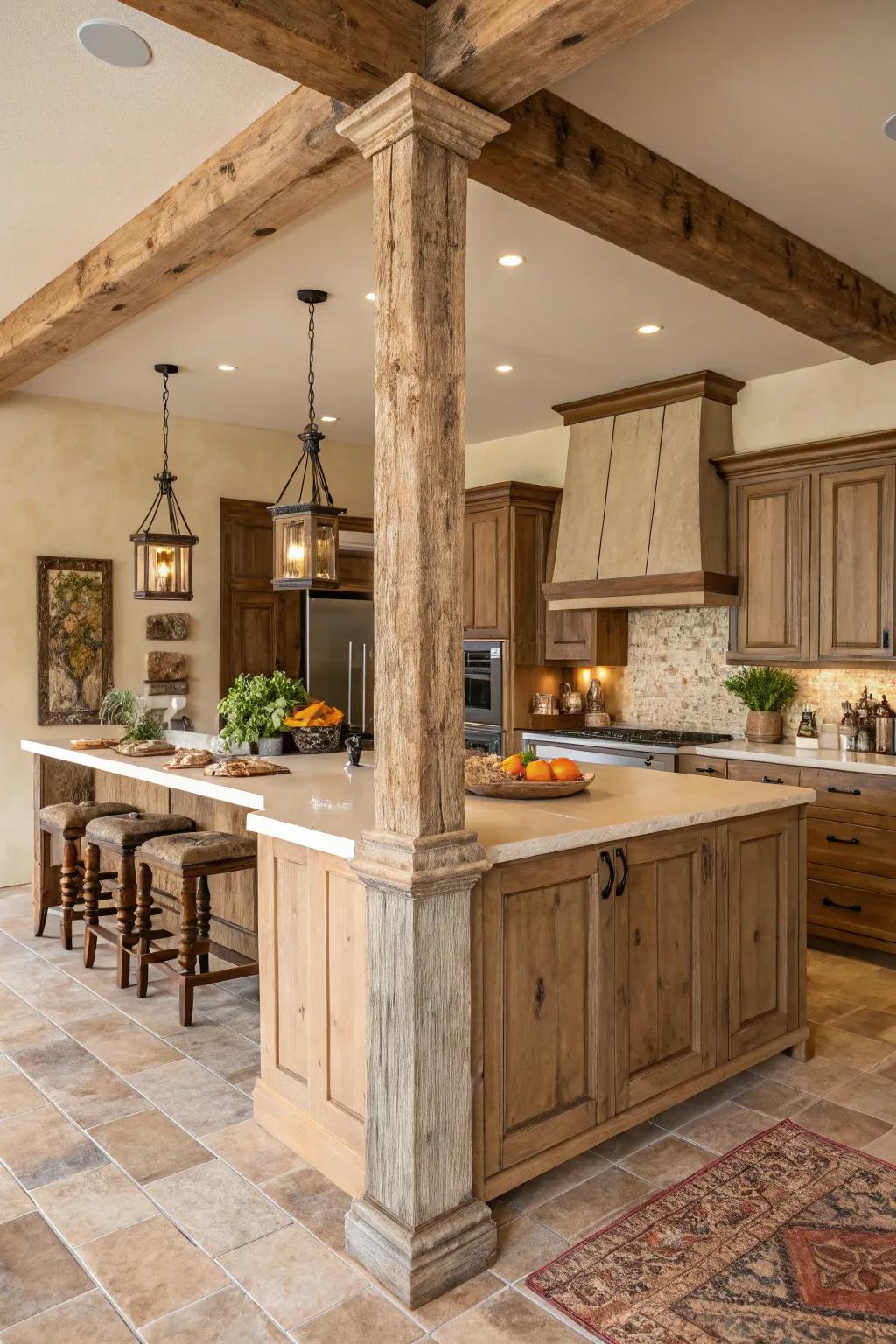 A welcoming kitchen island showcasing rustic wooden posts and beams, creating a cozy ambiance.