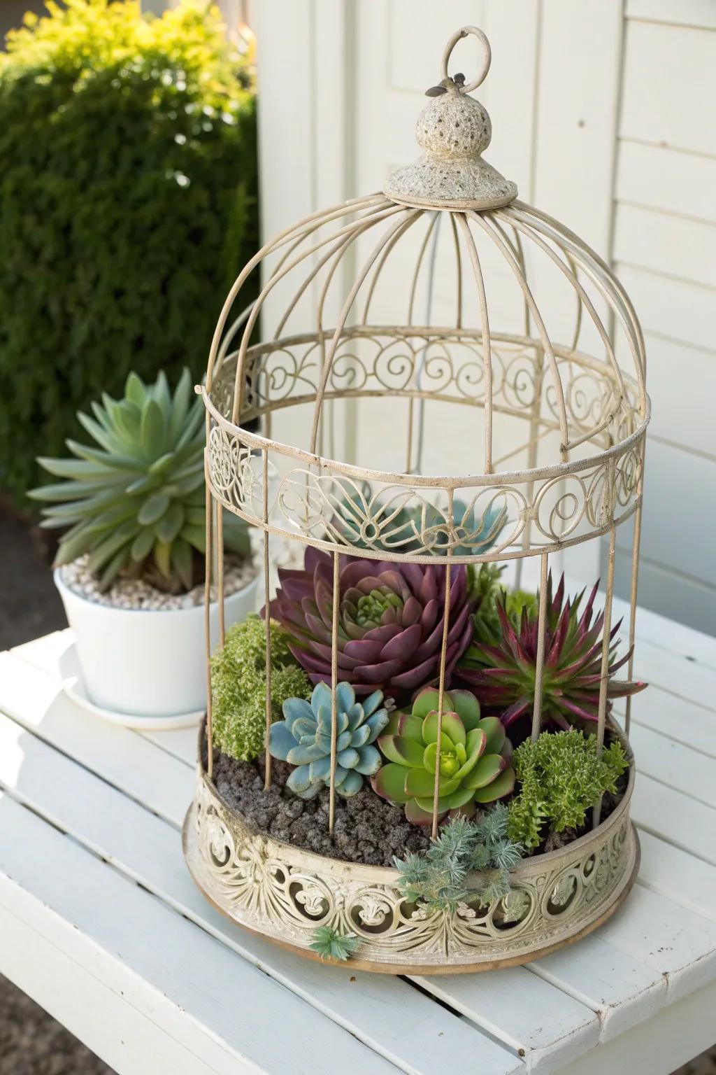 Elevate a vintage aviary into an enchanting succulent planter for an added dash of natural refinement.