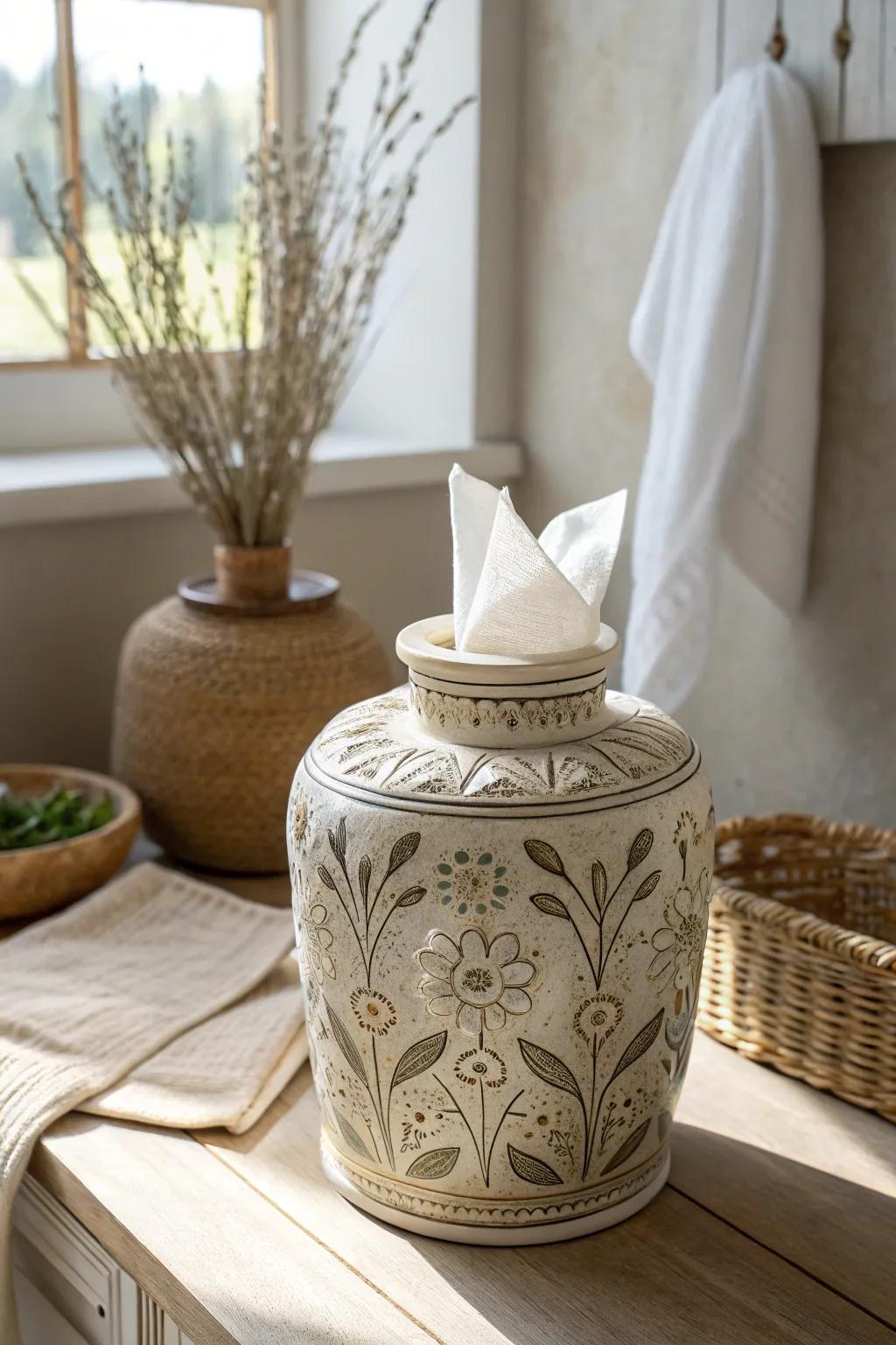 Incorporate refinement with functionality by using an antique vase as a tissue holder.