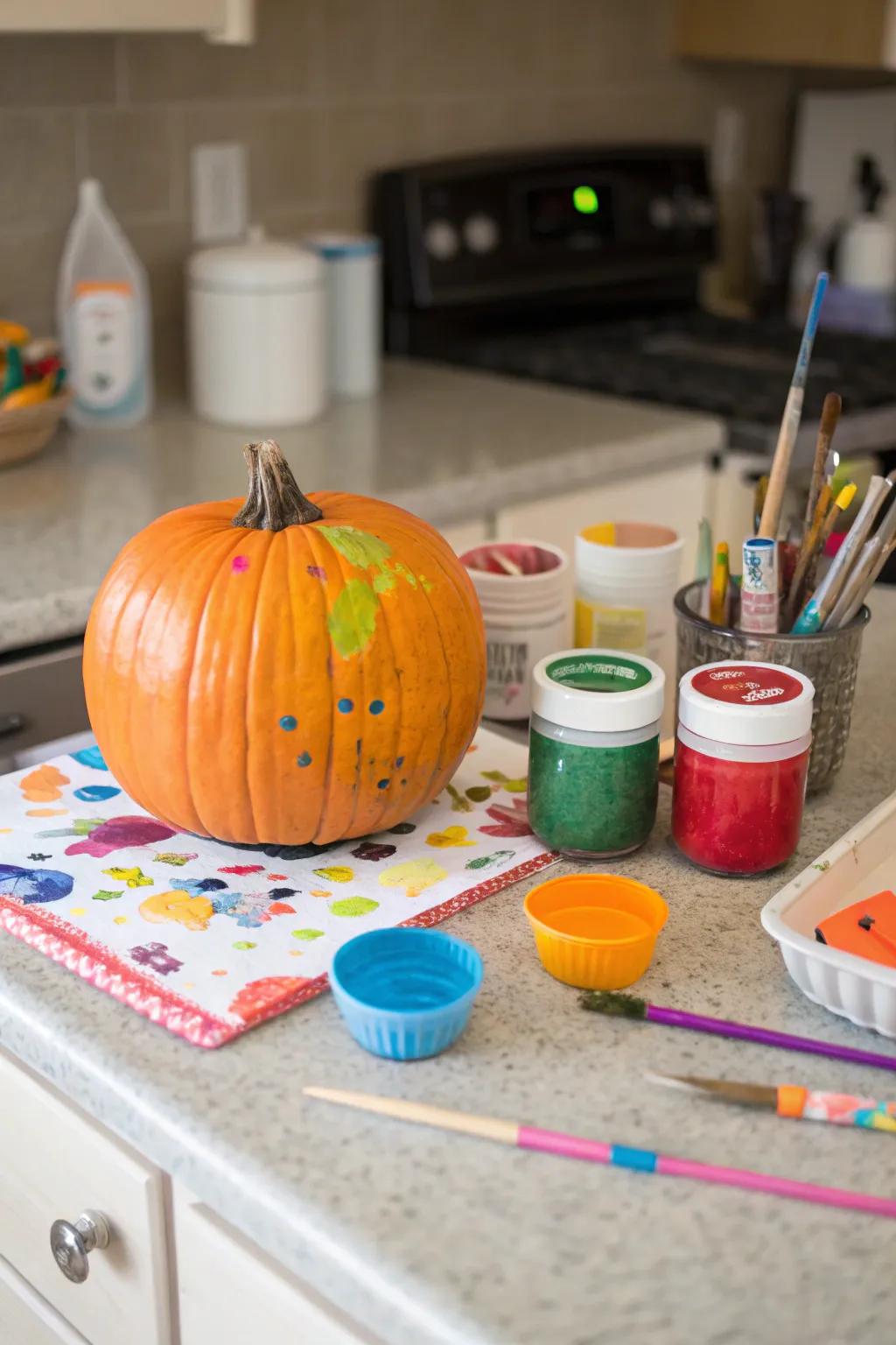 A bright, painted pumpkin designed by a young child.